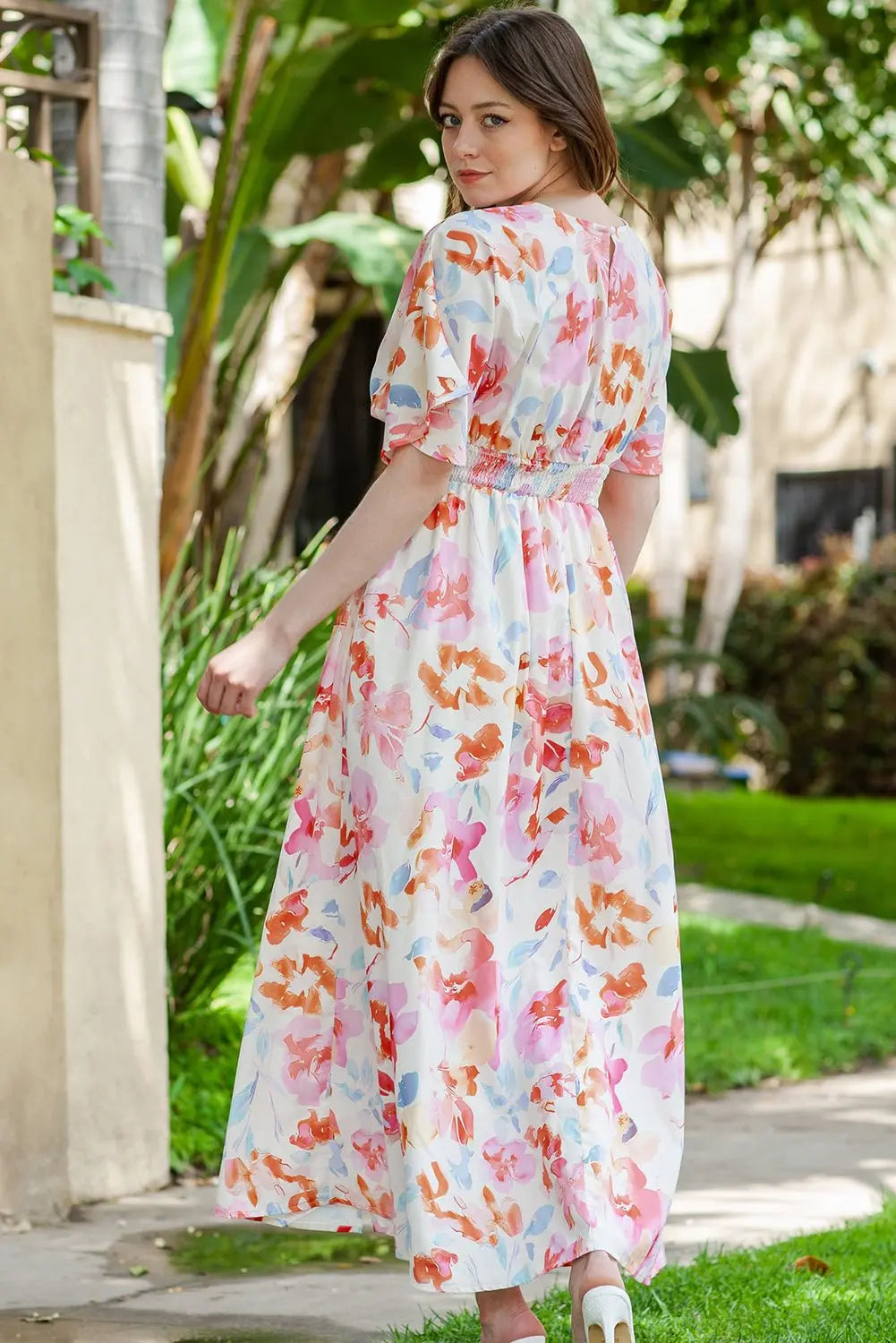 Floral Deep V Slit Maxi Dress - Maxi Dress - Multicolor - Bella Bourget