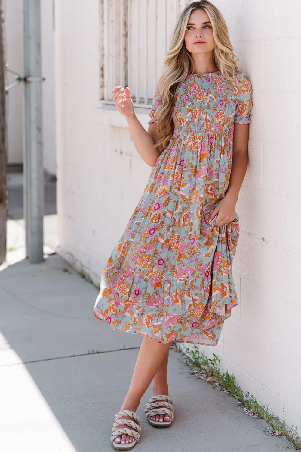 Floral Flounce Sleeve Round Neck Midi Dress - Dress - Floral - Bella Bourget