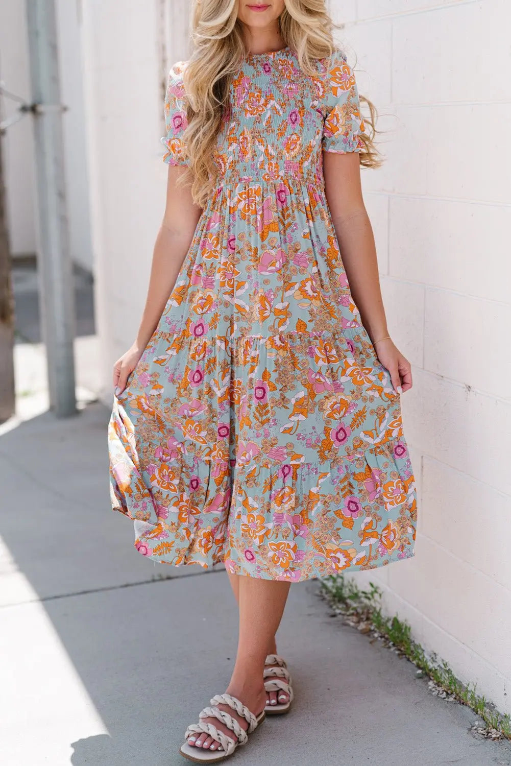 Floral Flounce Sleeve Round Neck Midi Dress - Dress - Floral - Bella Bourget