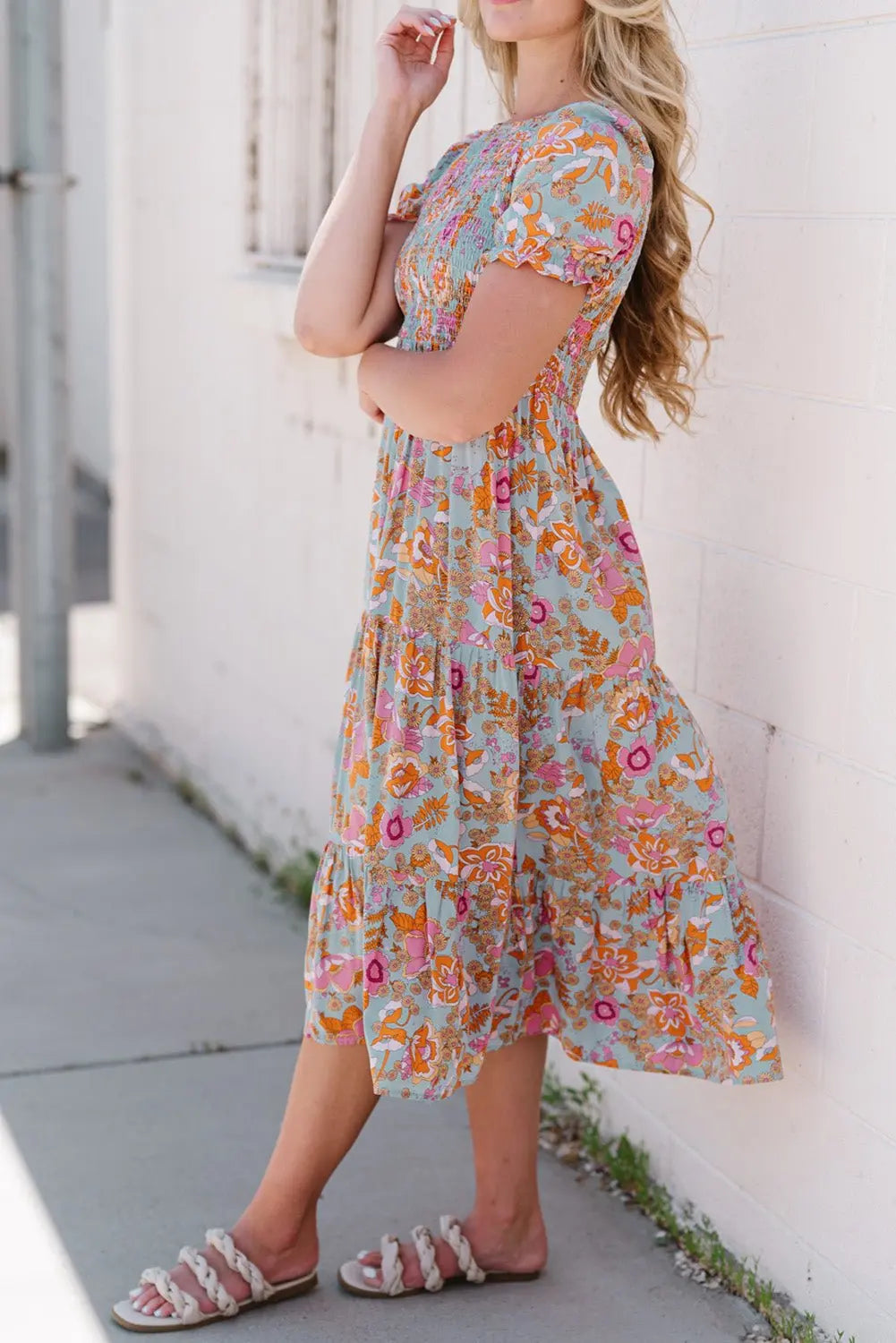 Floral Flounce Sleeve Round Neck Midi Dress - Dress - Floral - Bella Bourget