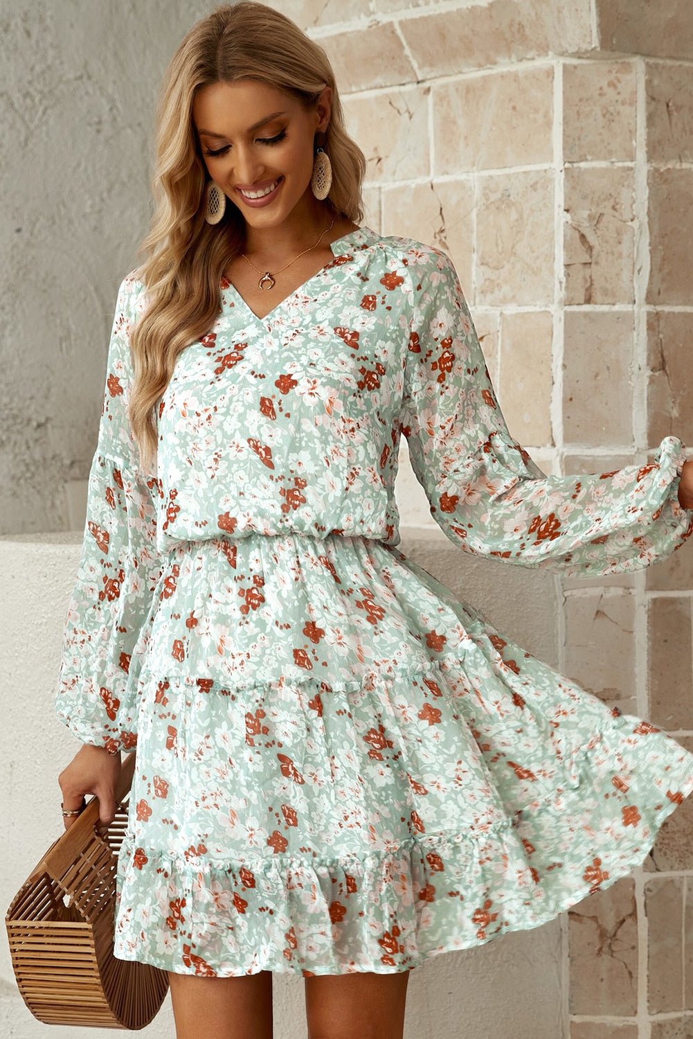 Floral Frill Trim Puff Sleeve Notched Neck Dress - Dress - Green - Bella Bourget