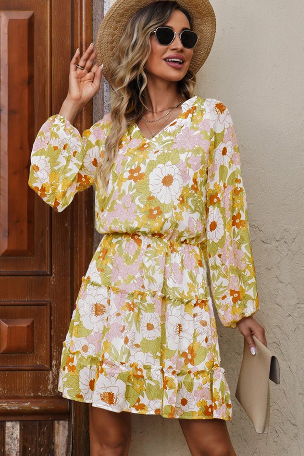 Floral Frill Trim Puff Sleeve Notched Neck Dress - Dress - Yellow - Bella Bourget