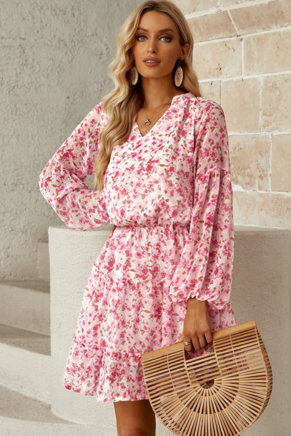 Floral Frill Trim Puff Sleeve Notched Neck Dress - Dress - Pink - Bella Bourget