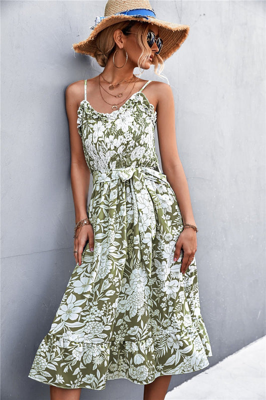 Floral Frill Trim Scoop Neck Spaghetti Strap Dress - Dress - Matcha Green - Bella Bourget