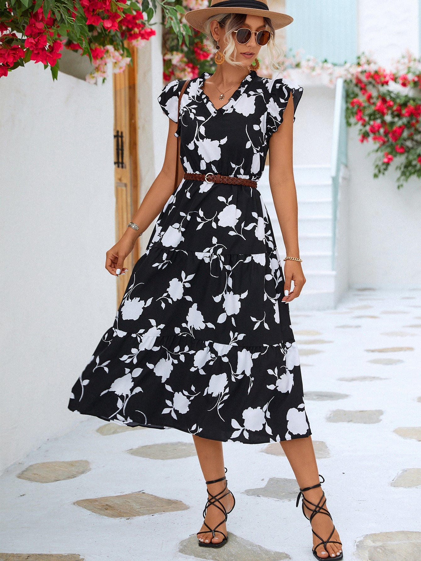 Floral Frill Trim V - Neck Tiered Midi Dress - Dress - Black - Bella Bourget