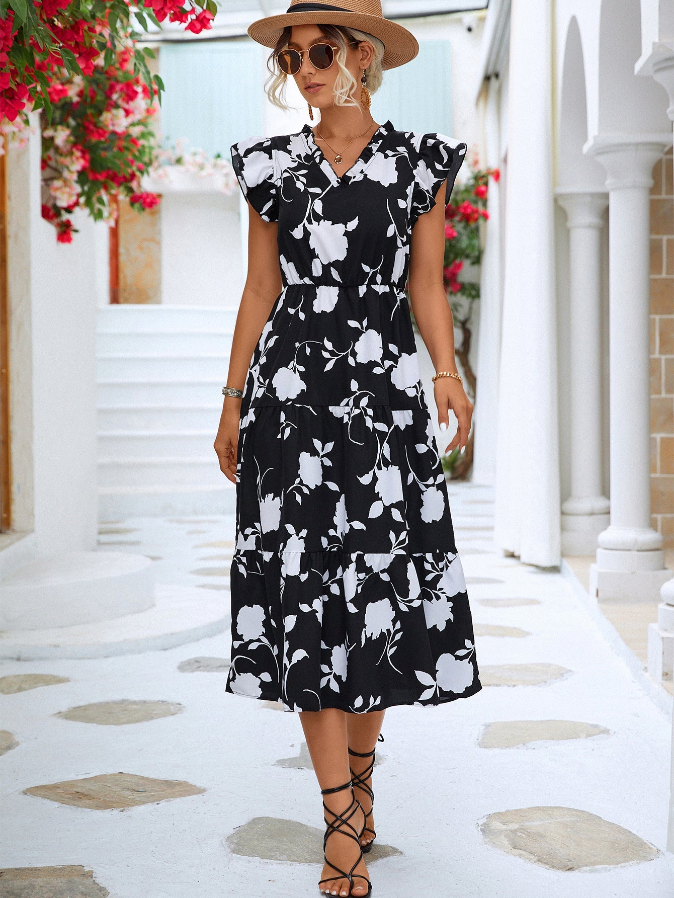 Floral Frill Trim V - Neck Tiered Midi Dress - Dress - Black - Bella Bourget