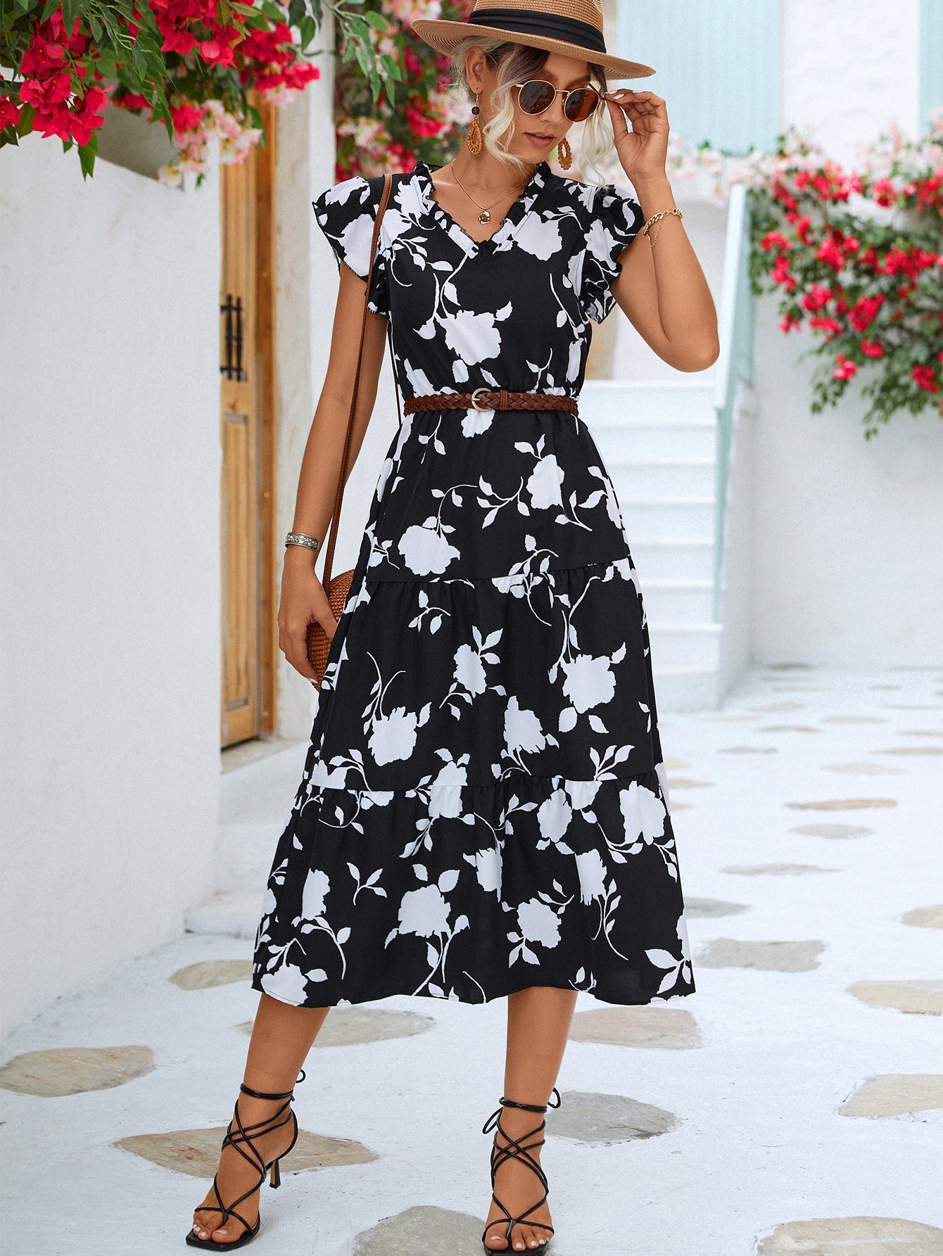 Floral Frill Trim V - Neck Tiered Midi Dress - Dress - Black - Bella Bourget