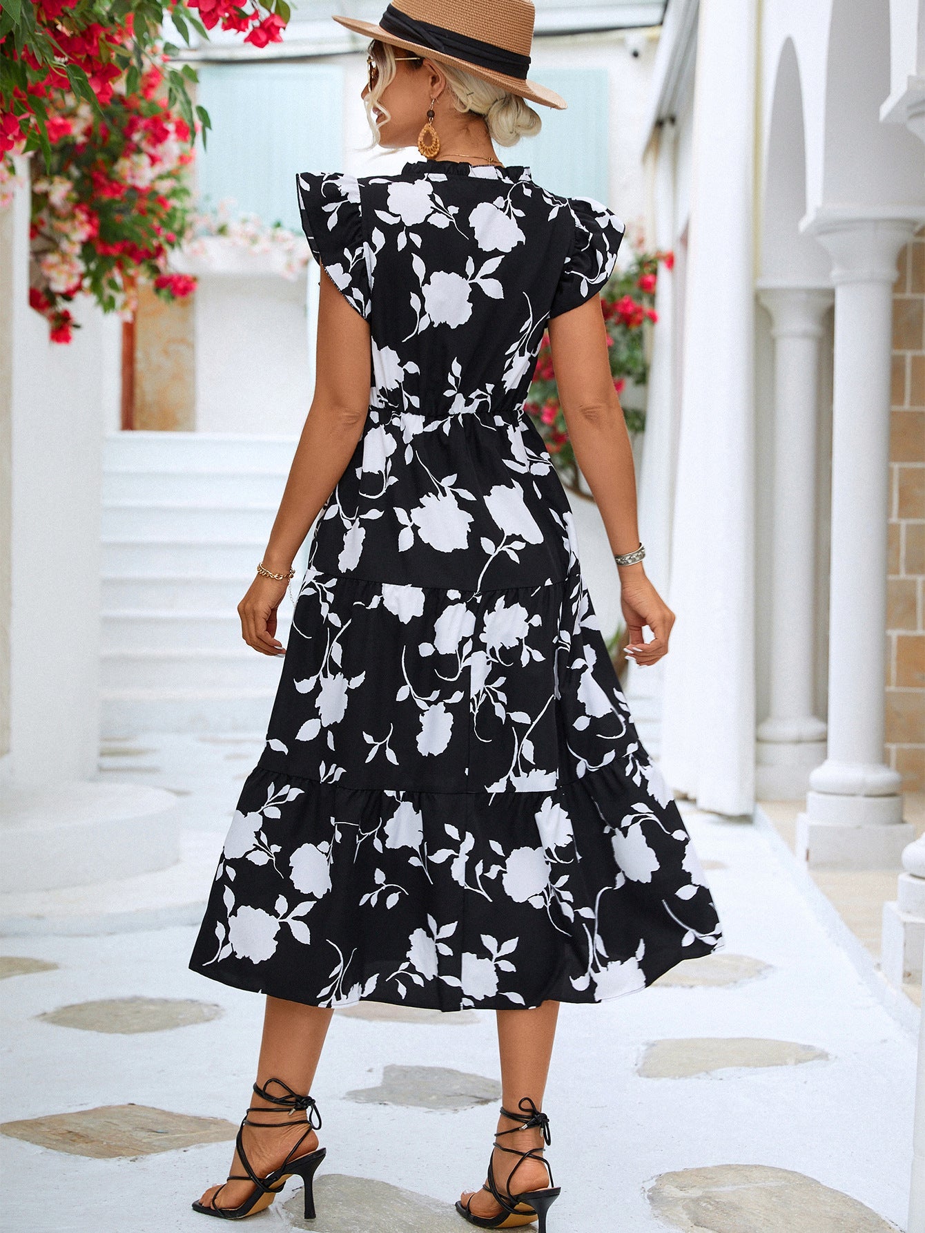 Floral Frill Trim V - Neck Tiered Midi Dress - Dress - Black - Bella Bourget