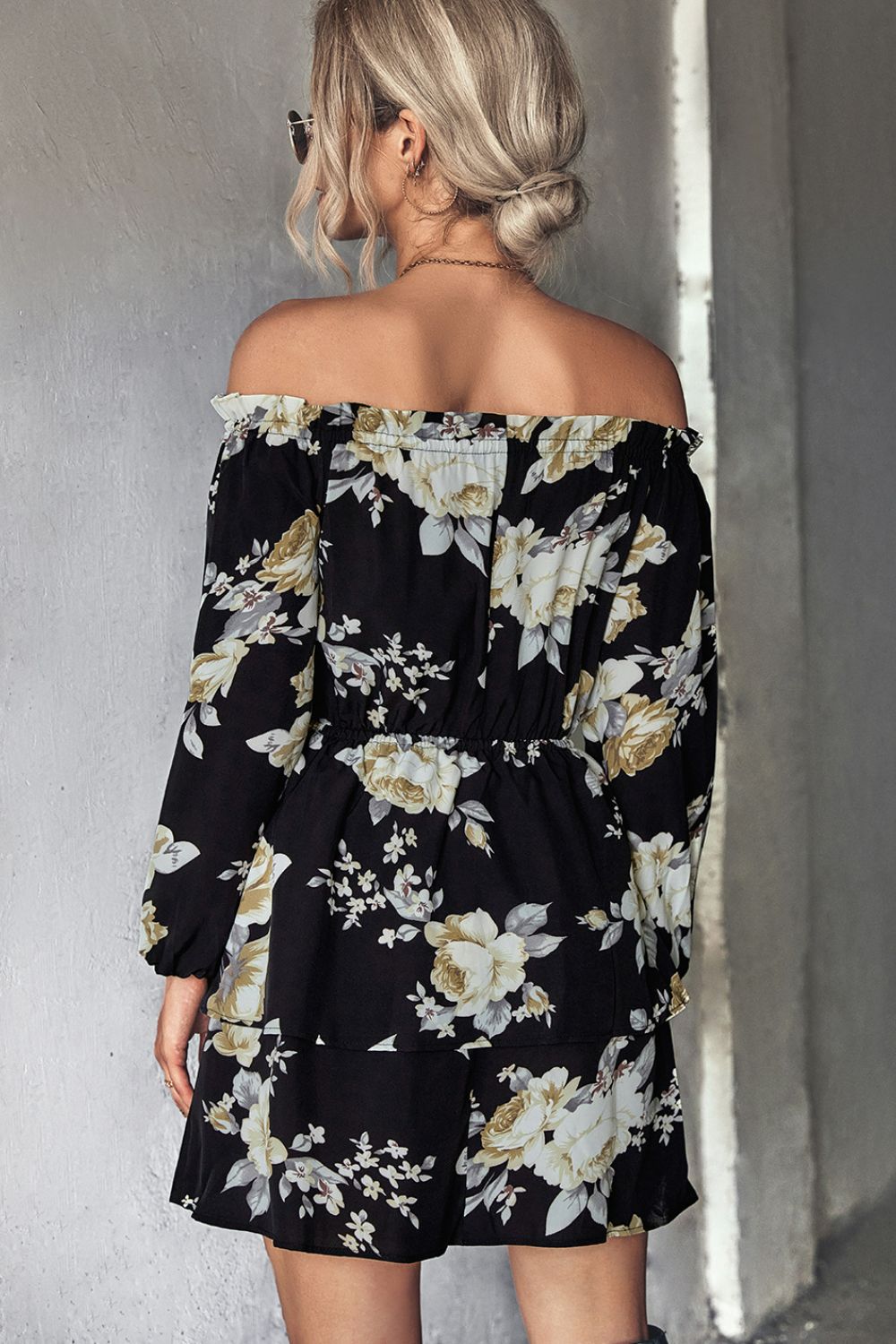 Floral Off - Shoulder Layered Mini Dress - Dress - Black - Bella Bourget