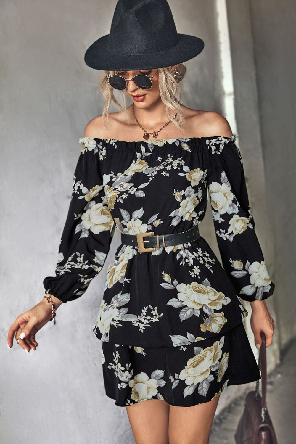 Floral Off - Shoulder Layered Mini Dress - Dress - Black - Bella Bourget