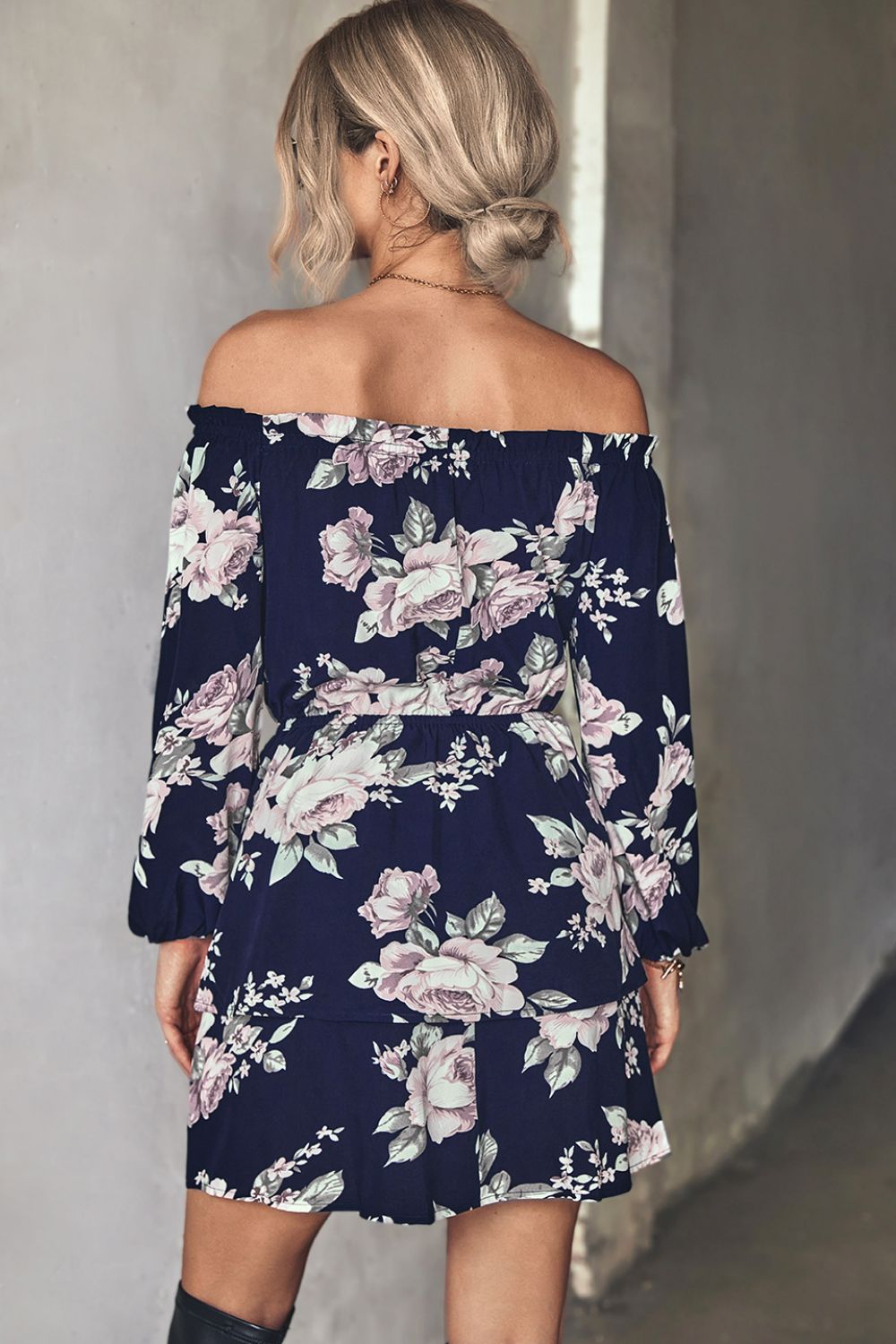 Floral Off - Shoulder Layered Mini Dress - Dress - Navy - Bella Bourget