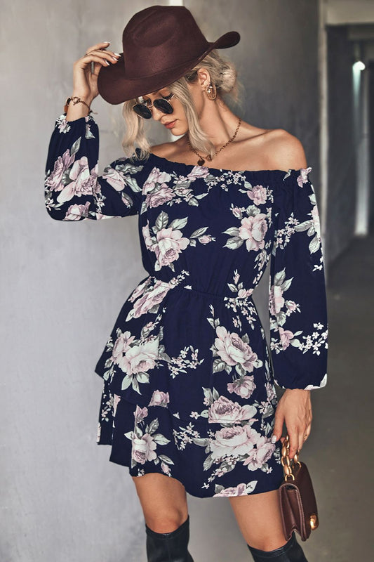 Floral Off - Shoulder Layered Mini Dress - Dress - Navy - Bella Bourget