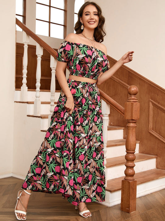 Floral Off - Shoulder Top and Maxi Skirt Set - Two - Piece Set - Multicolor - Bella Bourget