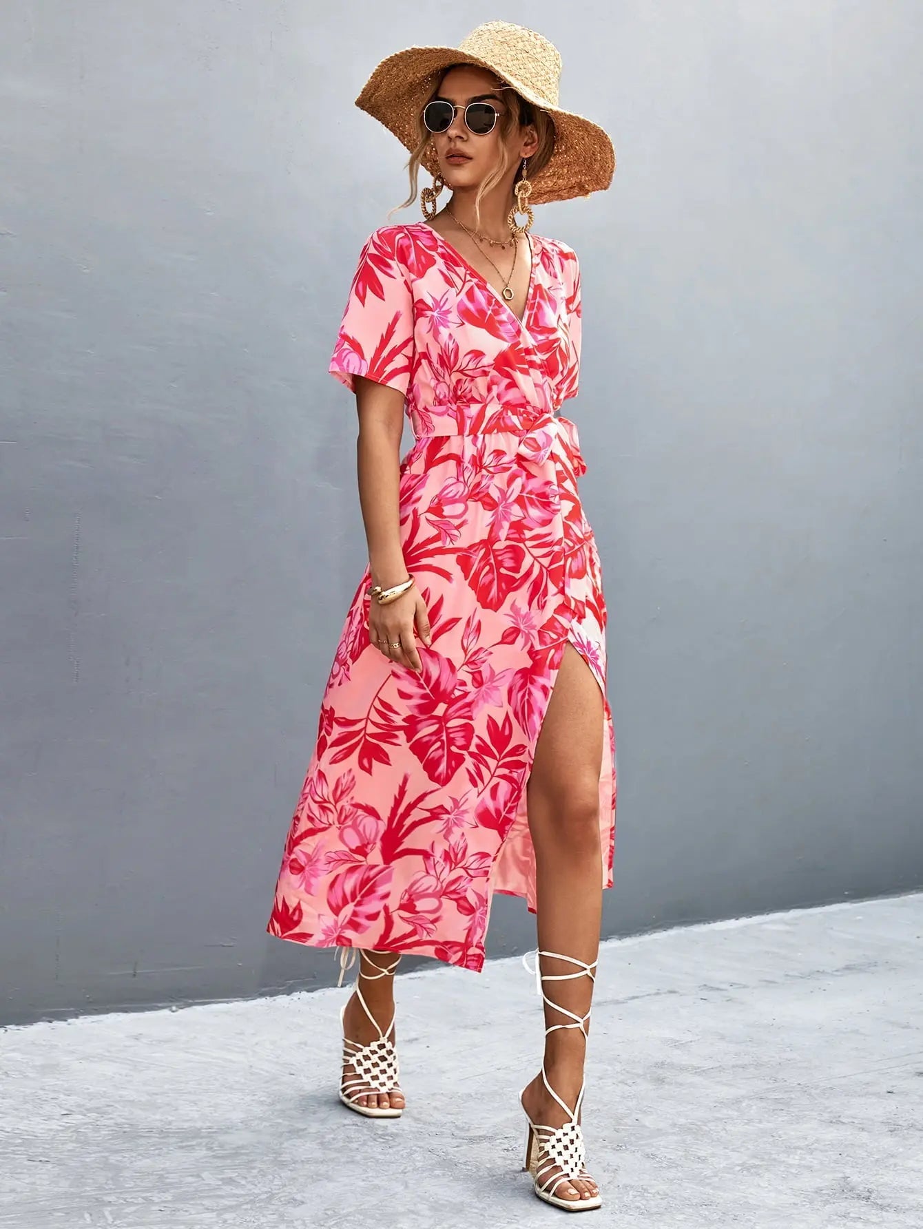 Floral Print High Slit Surplice Neck Tie Waist Midi Dress - Dress - Strawberry - Bella Bourget