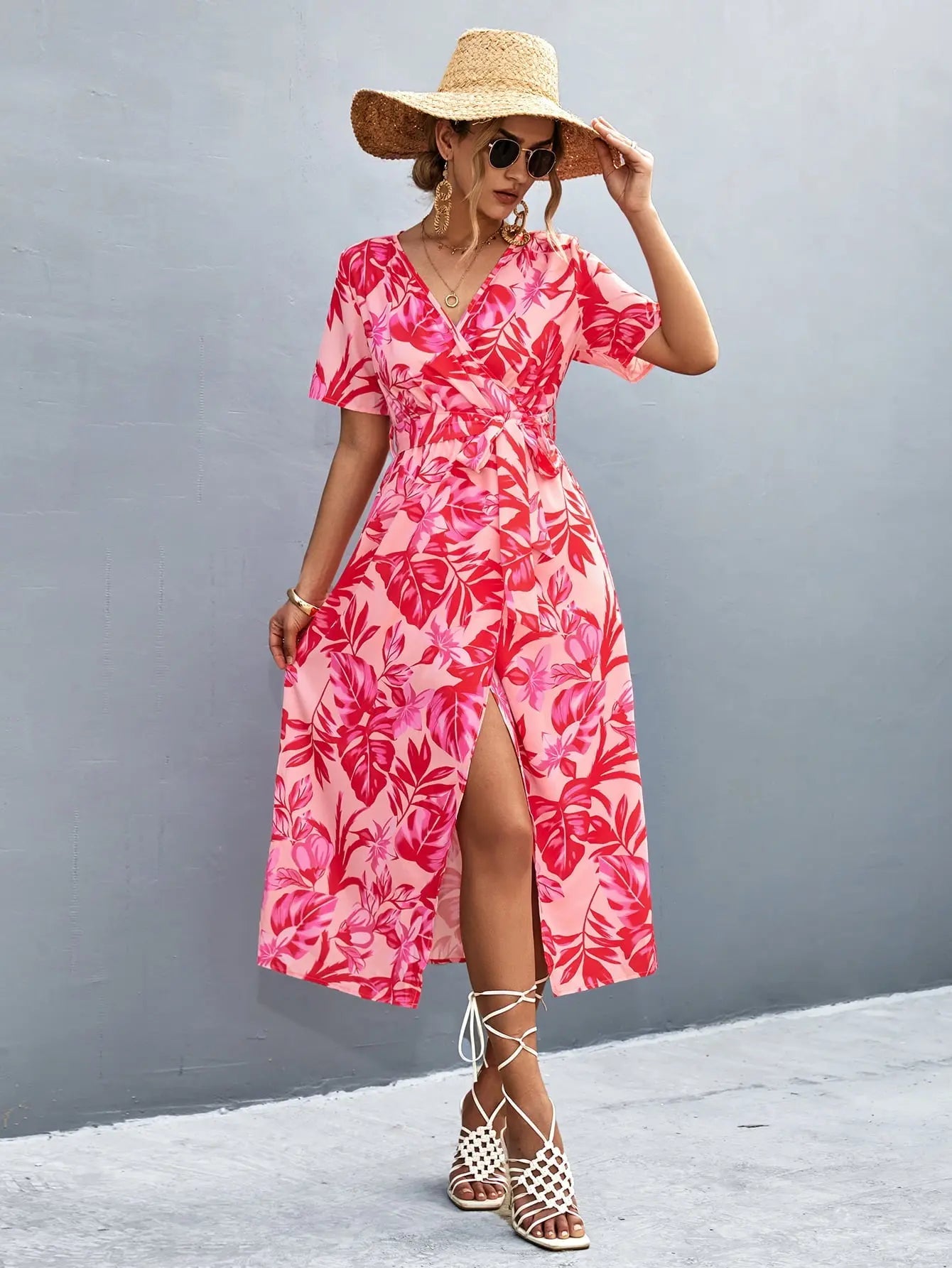 Floral Print High Slit Surplice Neck Tie Waist Midi Dress - Dress - Strawberry - Bella Bourget