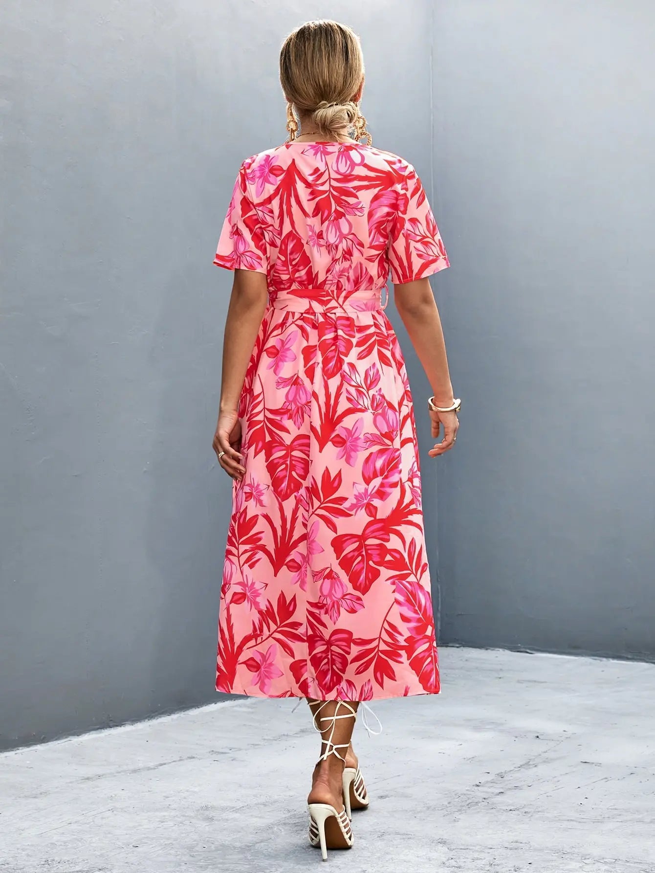 Floral Print High Slit Surplice Neck Tie Waist Midi Dress - Dress - Strawberry - Bella Bourget