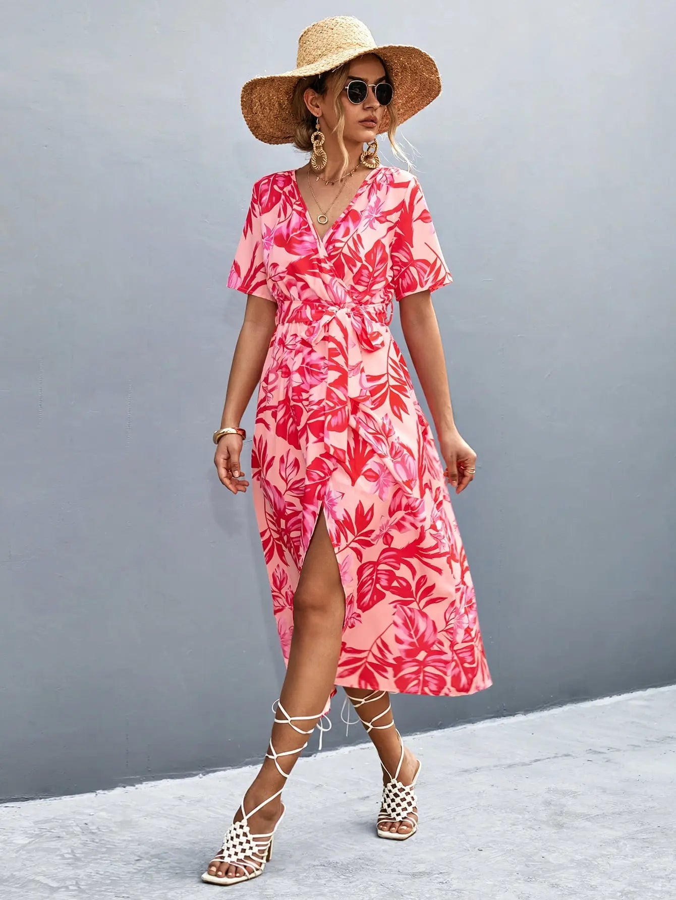 Floral Print High Slit Surplice Neck Tie Waist Midi Dress - Dress - Strawberry - Bella Bourget