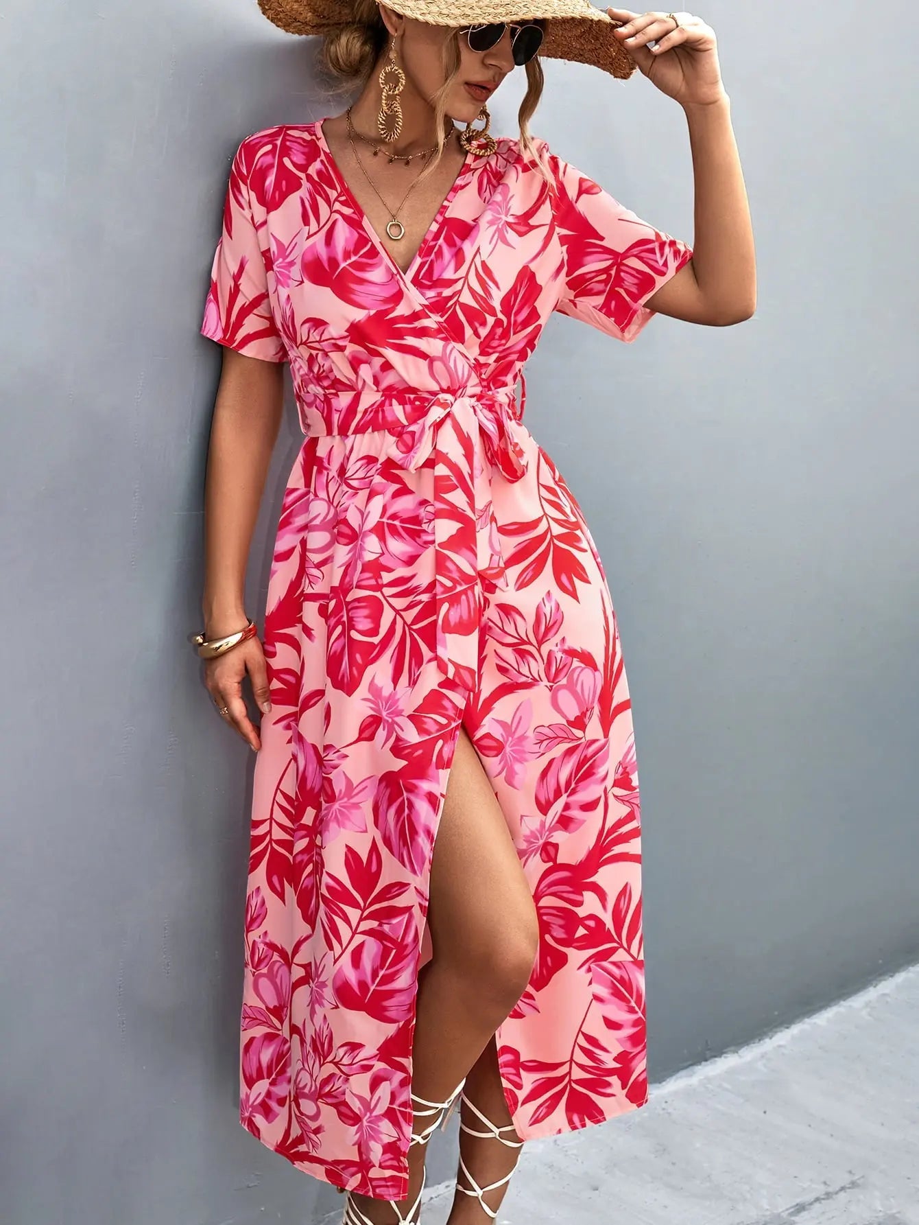 Floral Print High Slit Surplice Neck Tie Waist Midi Dress - Dress - Strawberry - Bella Bourget