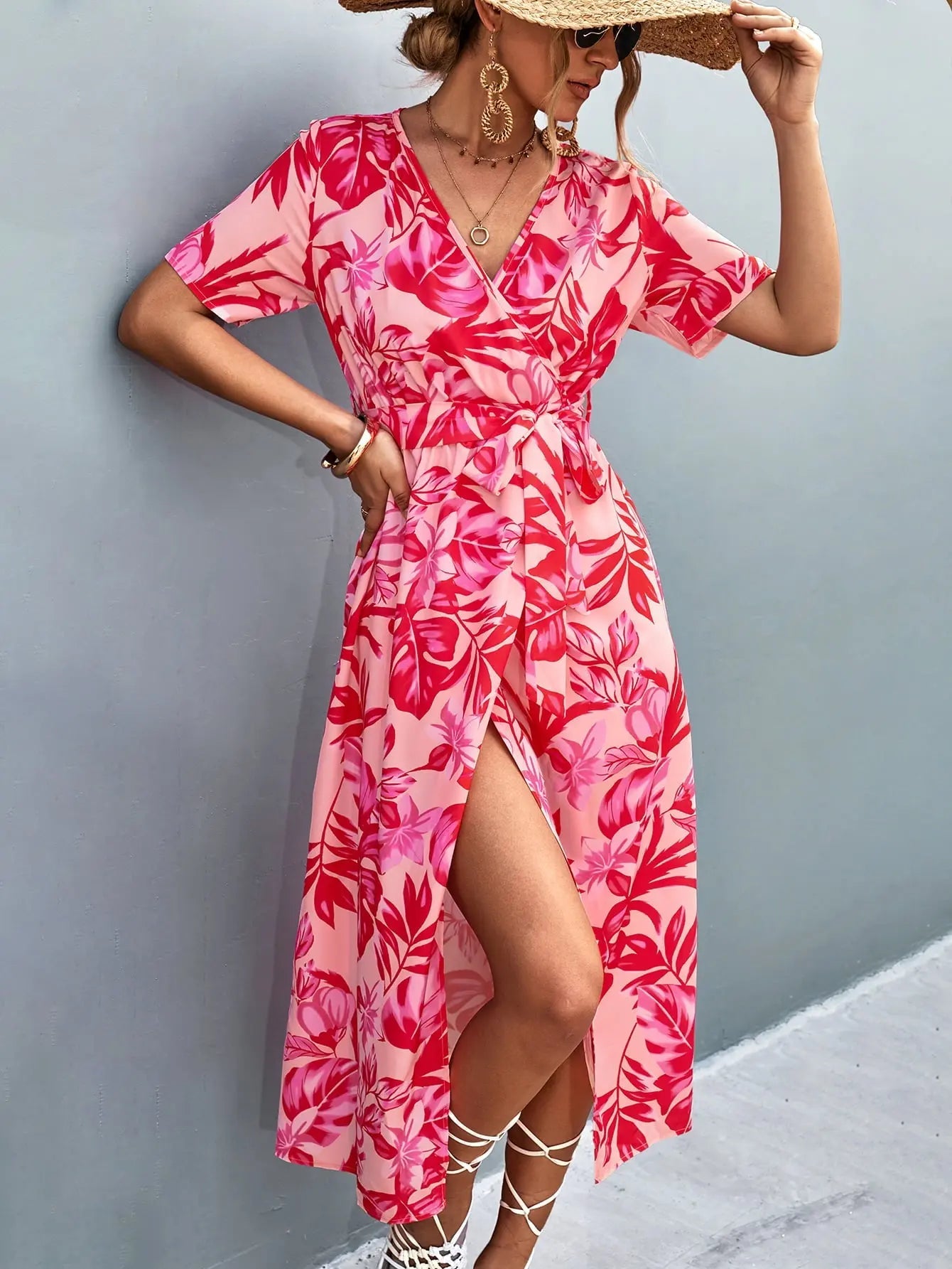 Floral Print High Slit Surplice Neck Tie Waist Midi Dress - Dress - Strawberry - Bella Bourget