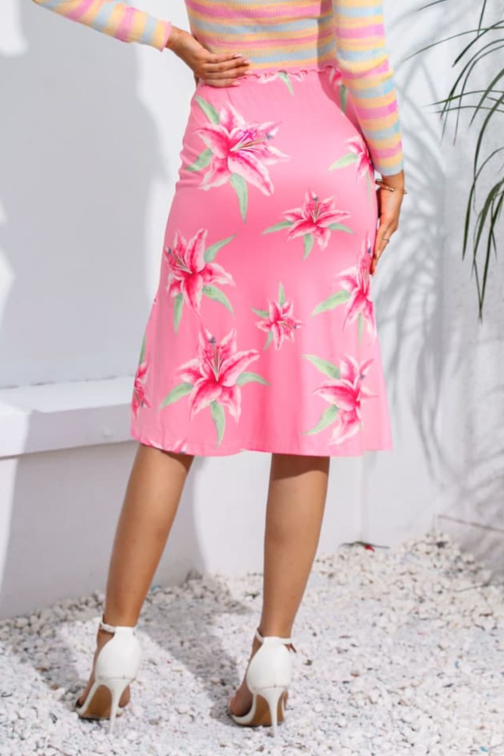 Floral Print Knee Length Skirt - Skirt - Carnation Pink - Bella Bourget