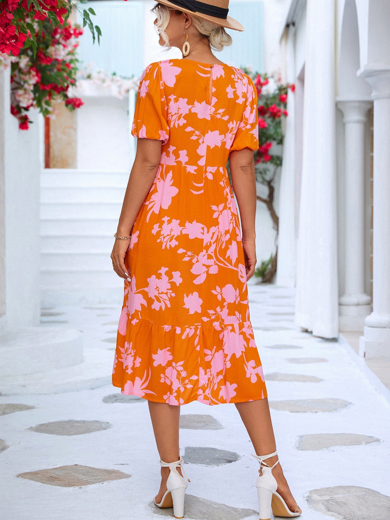 Floral Puff Sleeve Ruffle Hem Midi Dress - Dress - Orange - Bella Bourget