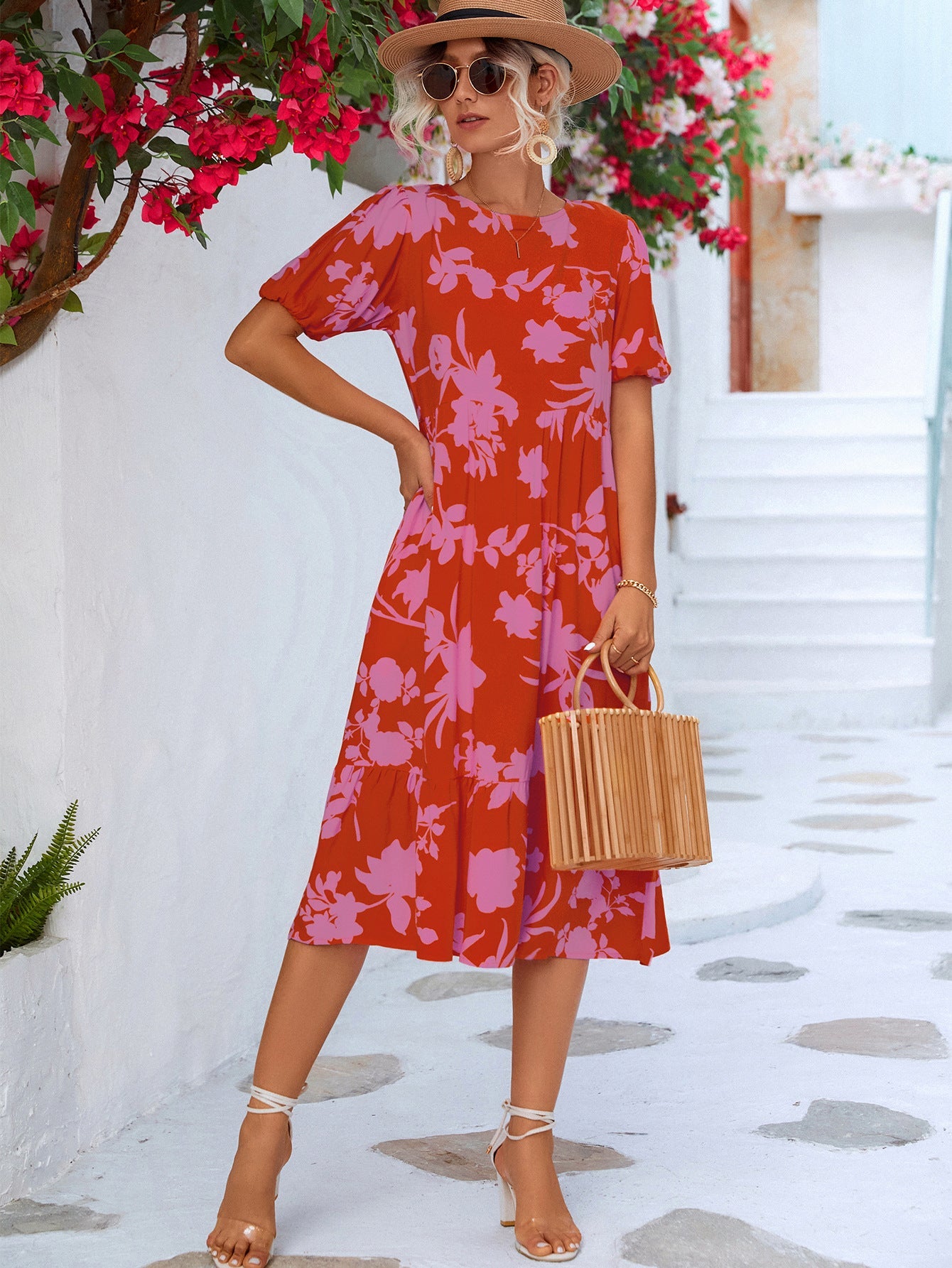 Floral Puff Sleeve Ruffle Hem Midi Dress - Dress - Fuchsia - Bella Bourget