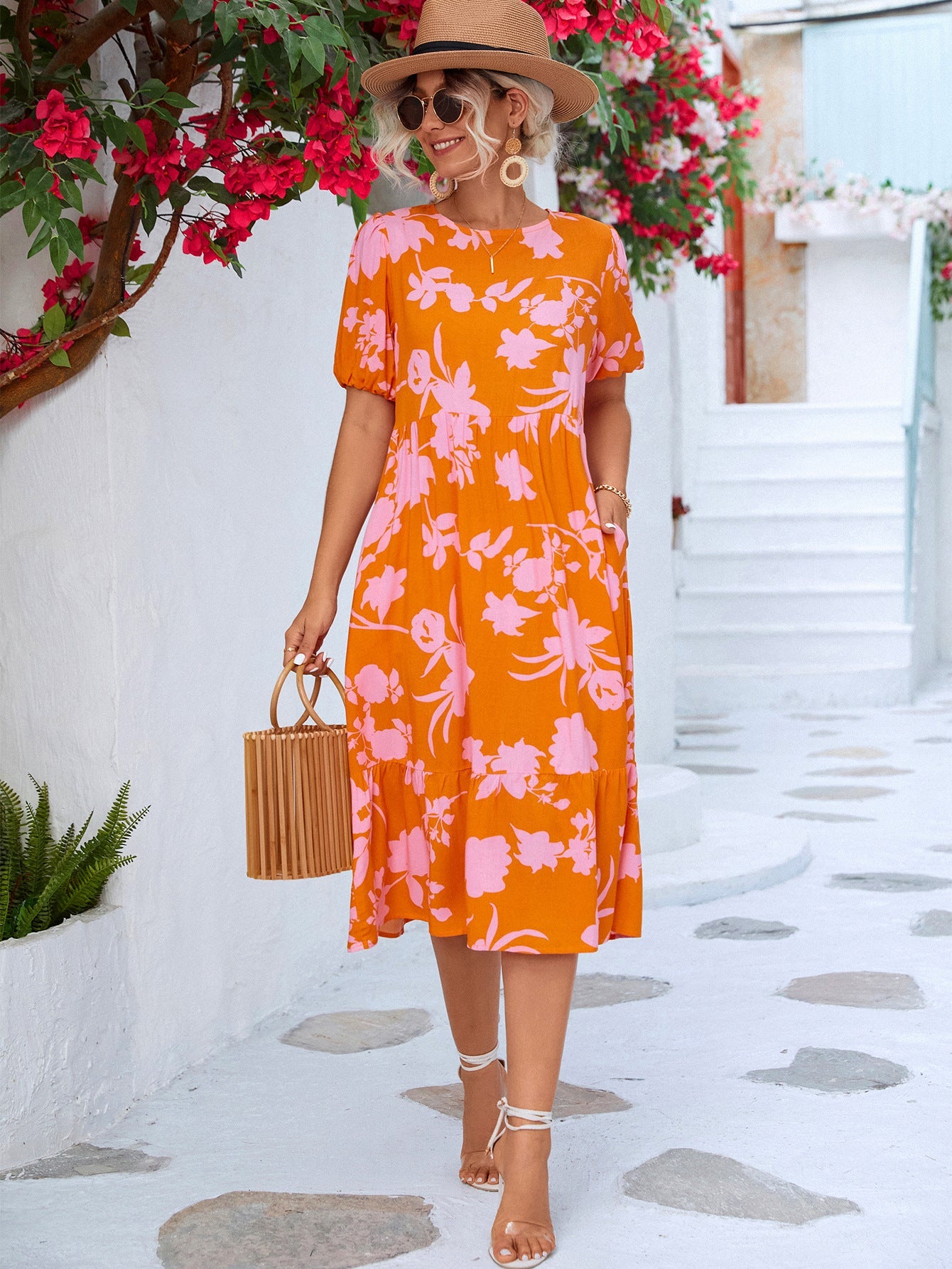 Floral Puff Sleeve Ruffle Hem Midi Dress - Dress - Orange - Bella Bourget