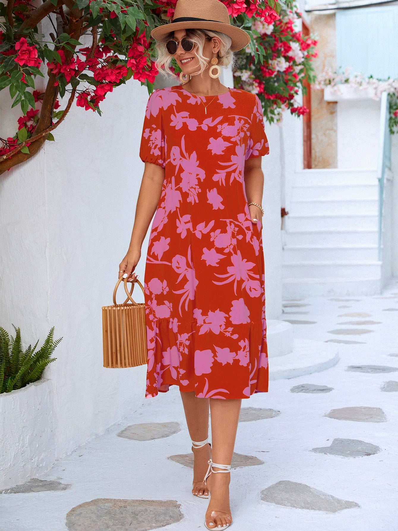 Floral Puff Sleeve Ruffle Hem Midi Dress - Dress - Fuchsia - Bella Bourget