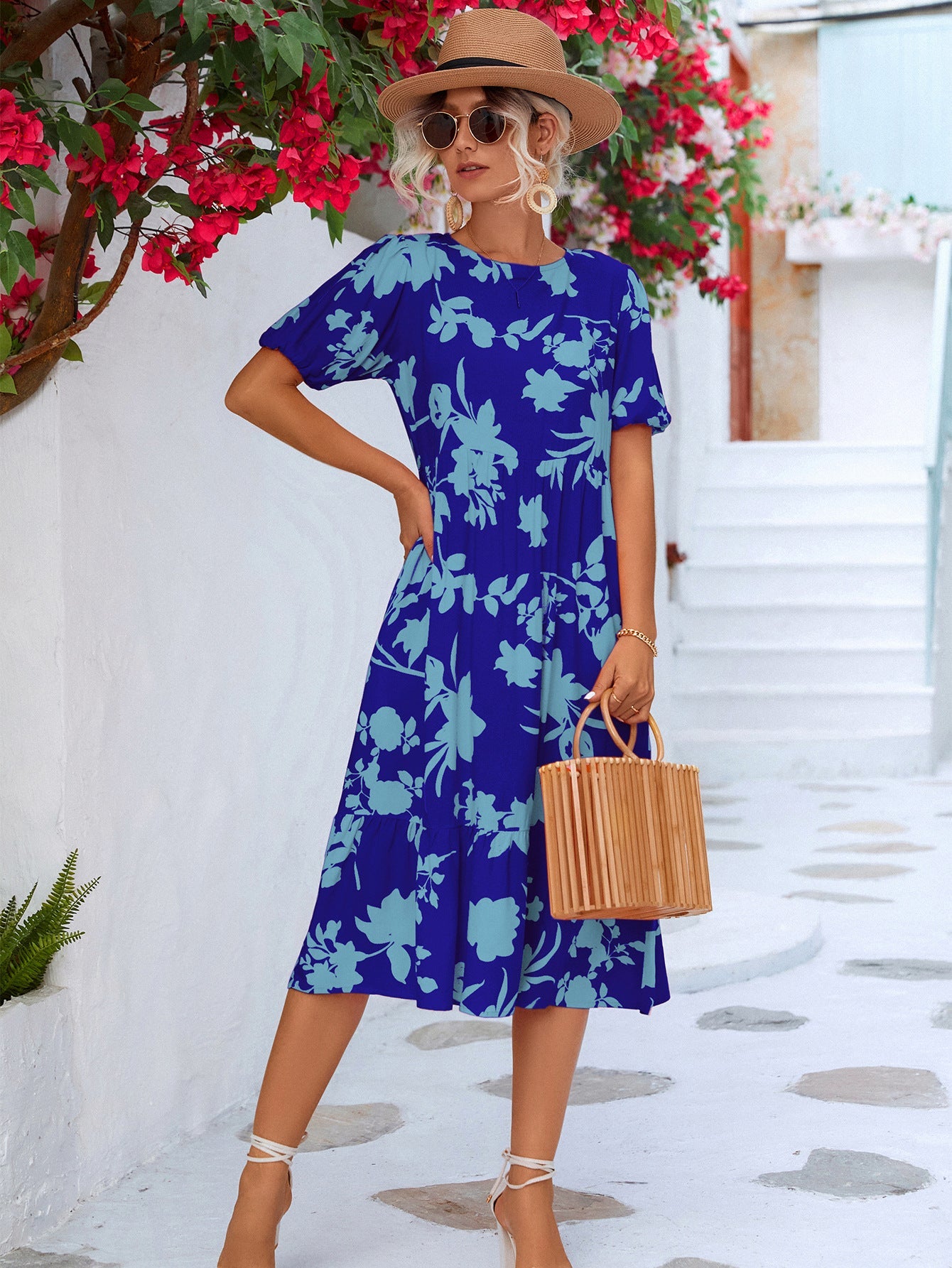 Floral Puff Sleeve Ruffle Hem Midi Dress - Dress - Royal Blue - Bella Bourget