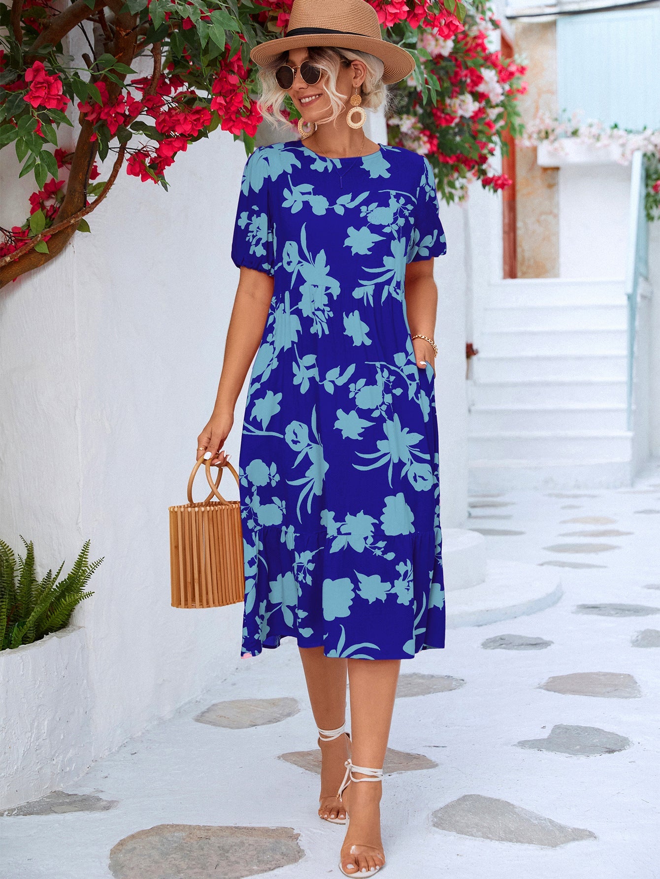 Floral Puff Sleeve Ruffle Hem Midi Dress - Dress - Royal Blue - Bella Bourget