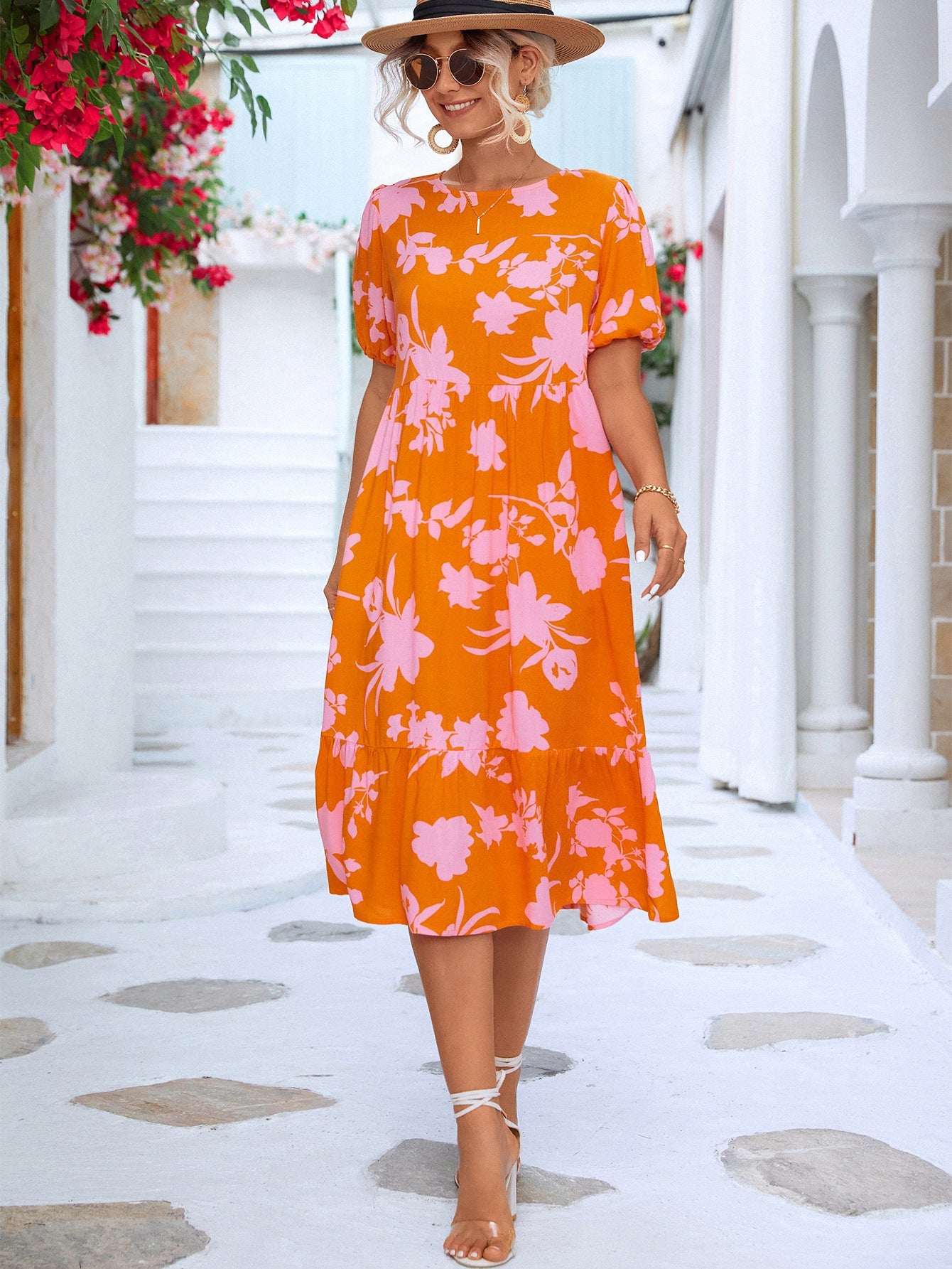 Floral Puff Sleeve Ruffle Hem Midi Dress - Dress - Orange - Bella Bourget