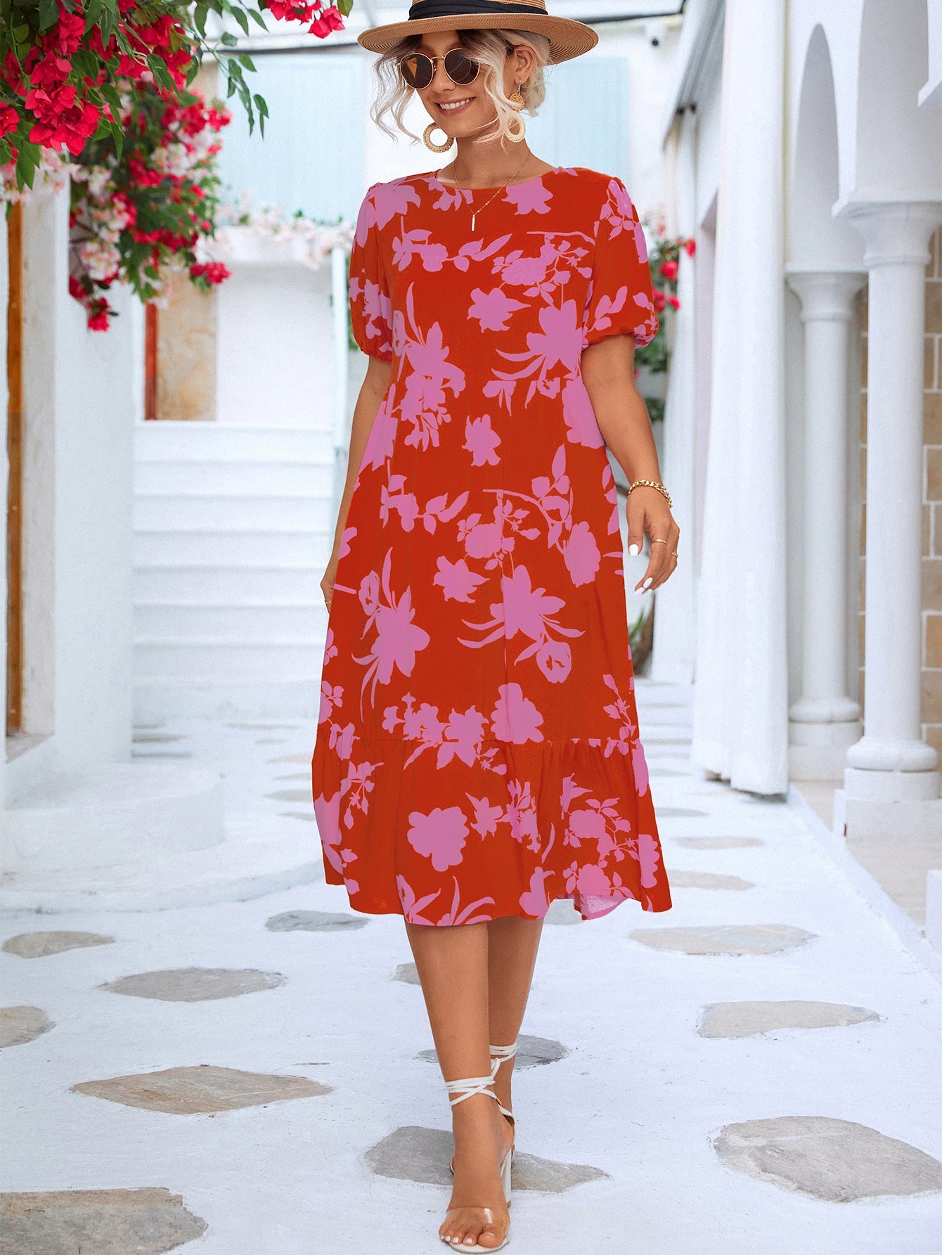 Floral Puff Sleeve Ruffle Hem Midi Dress - Dress - Fuchsia - Bella Bourget