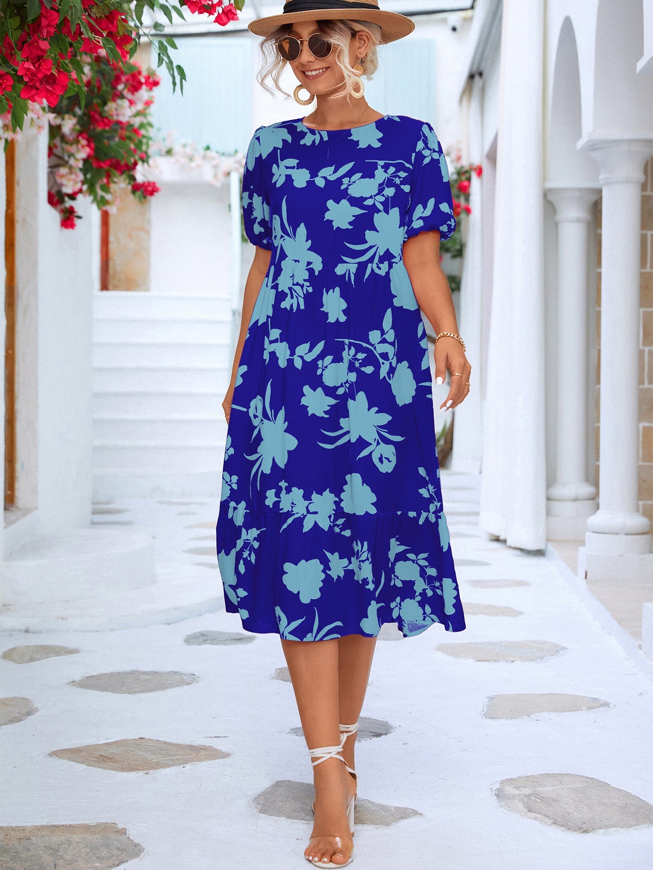 Floral Puff Sleeve Ruffle Hem Midi Dress - Dress - Royal Blue - Bella Bourget