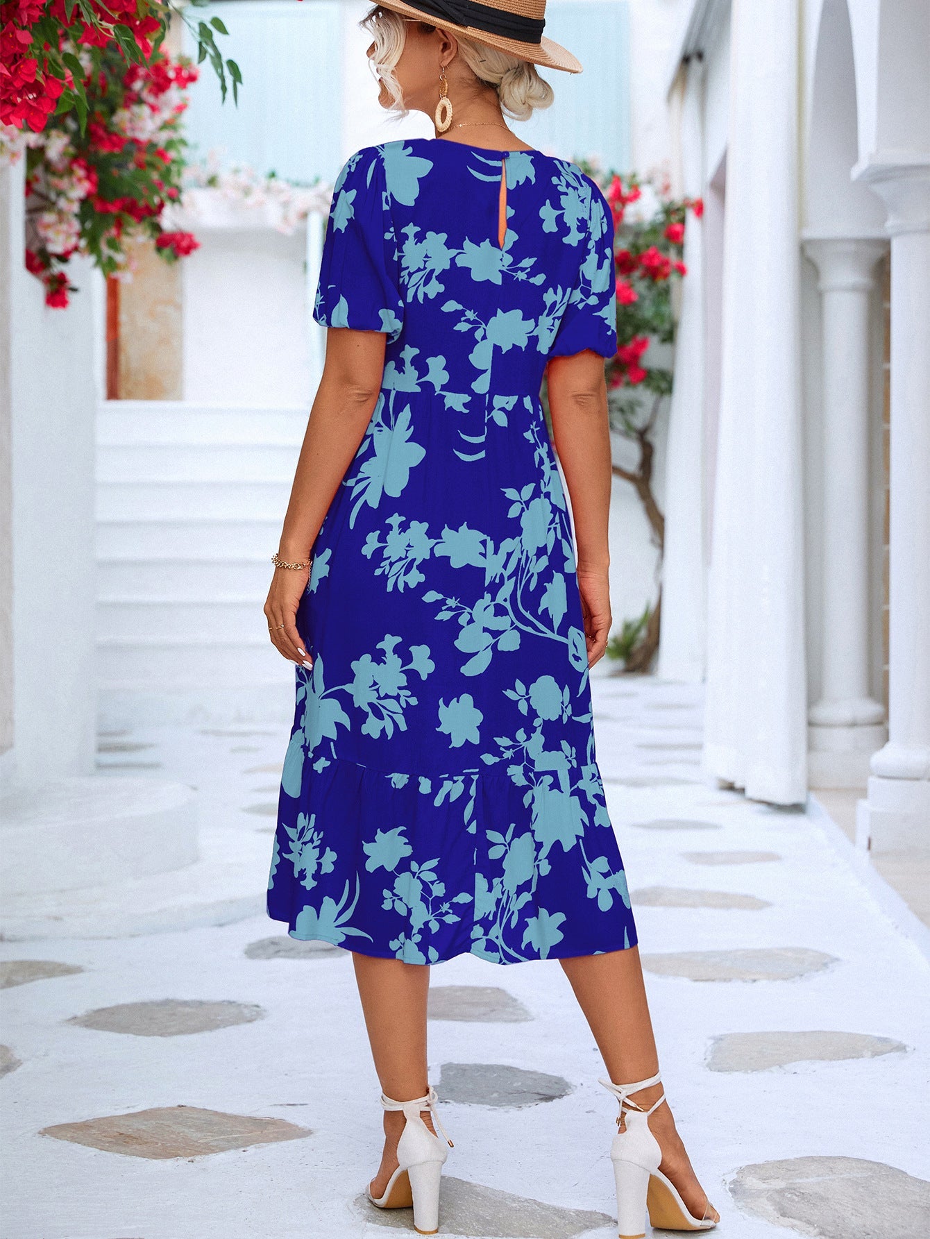 Floral Puff Sleeve Ruffle Hem Midi Dress - Dress - Royal Blue - Bella Bourget