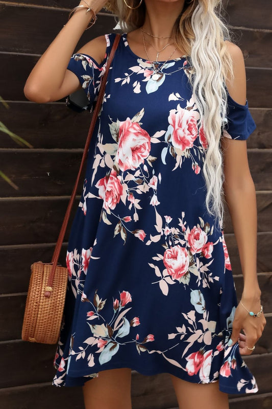 Floral Round Neck Cold - Shoulder Dress - Dress - Navy - Bella Bourget