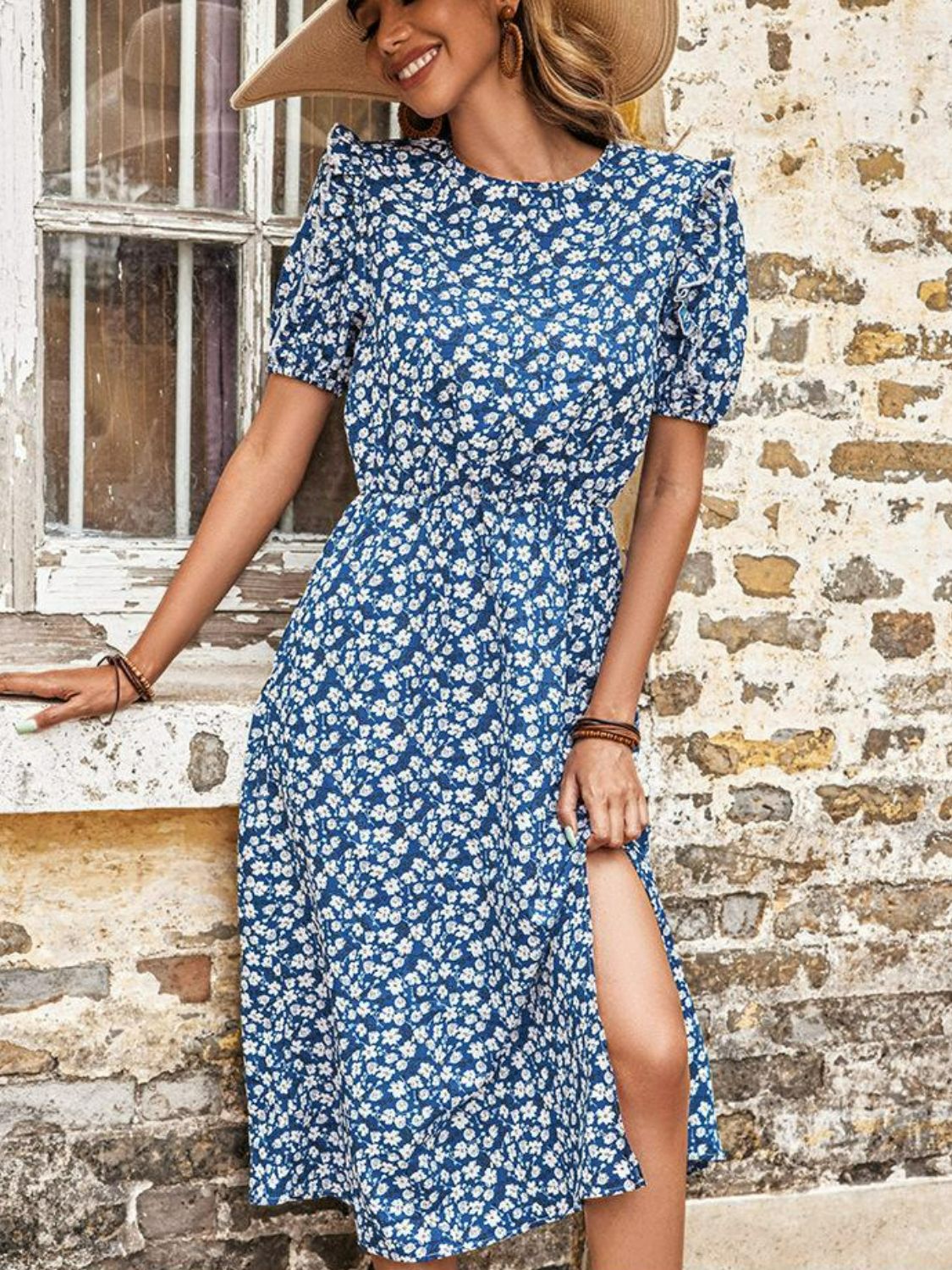 Floral Round Neck Split Midi Dress - Dress - Blue - Bella Bourget