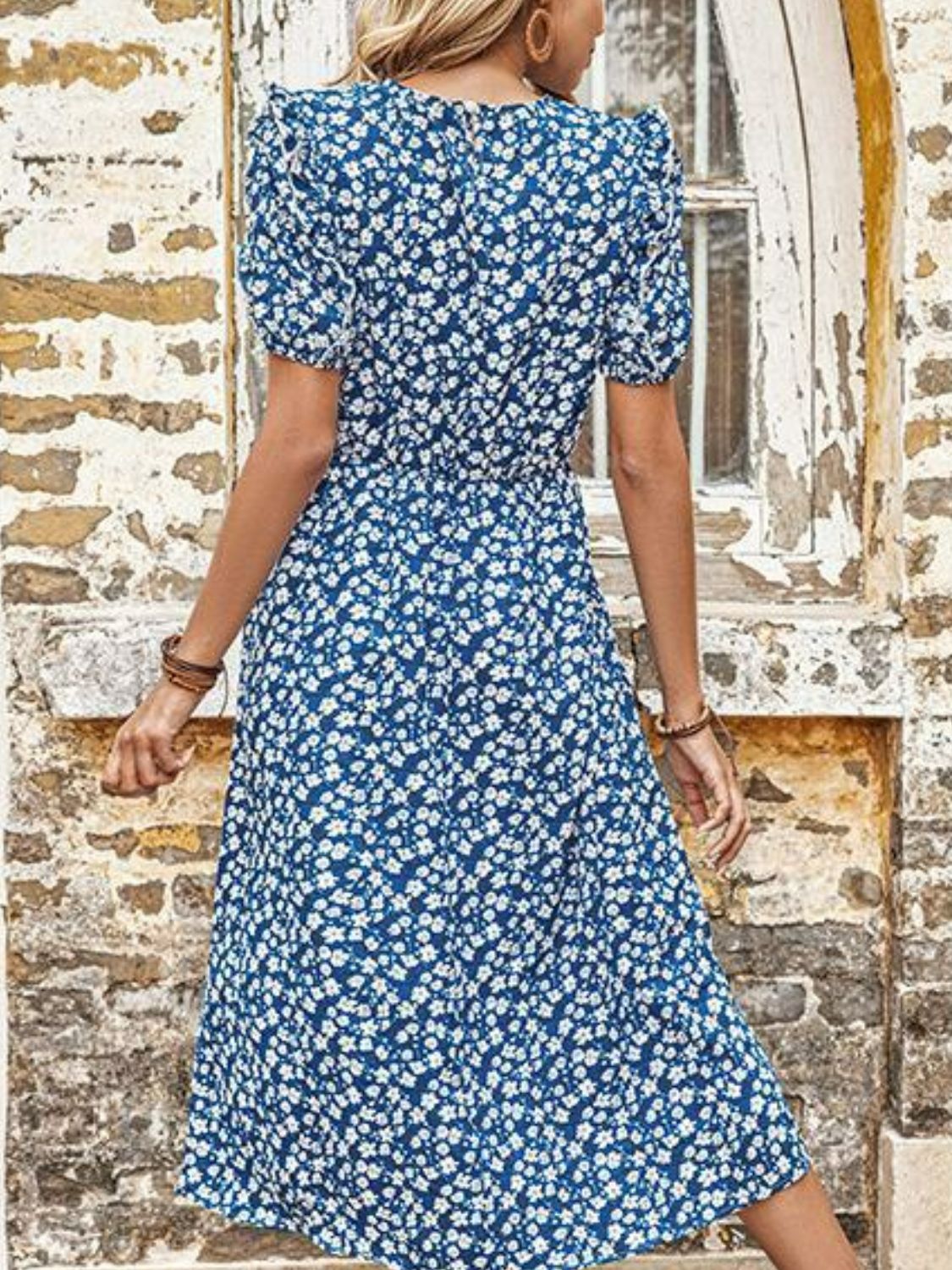 Floral Round Neck Split Midi Dress - Dress - Blue - Bella Bourget