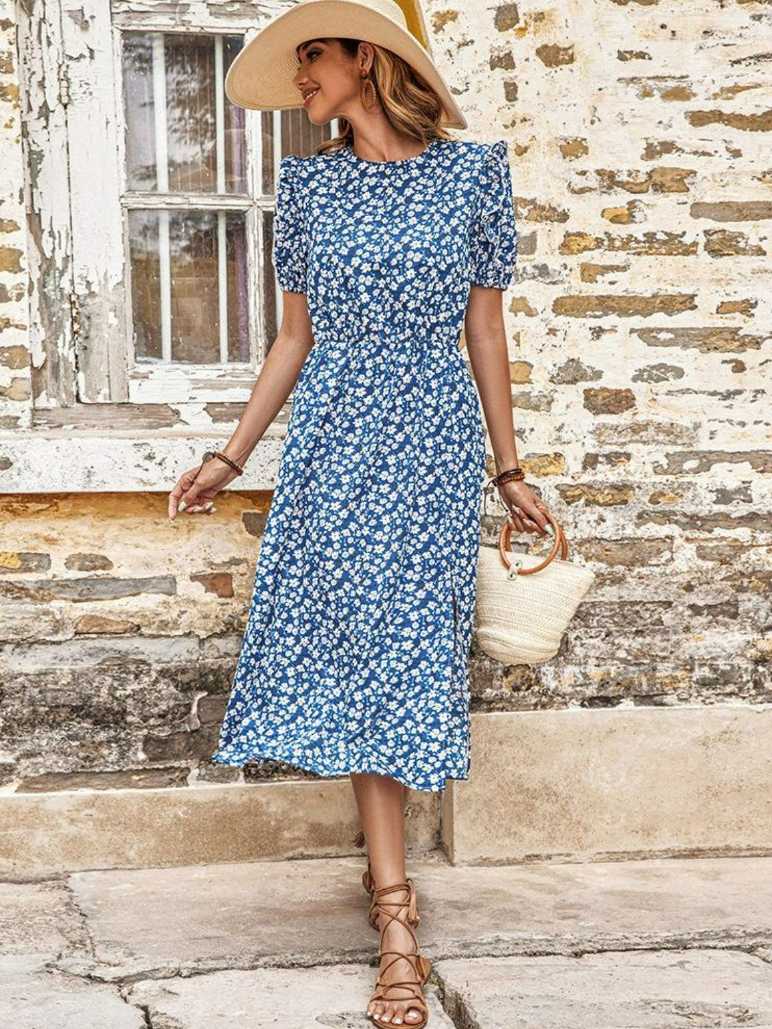 Floral Round Neck Split Midi Dress - Dress - Blue - Bella Bourget