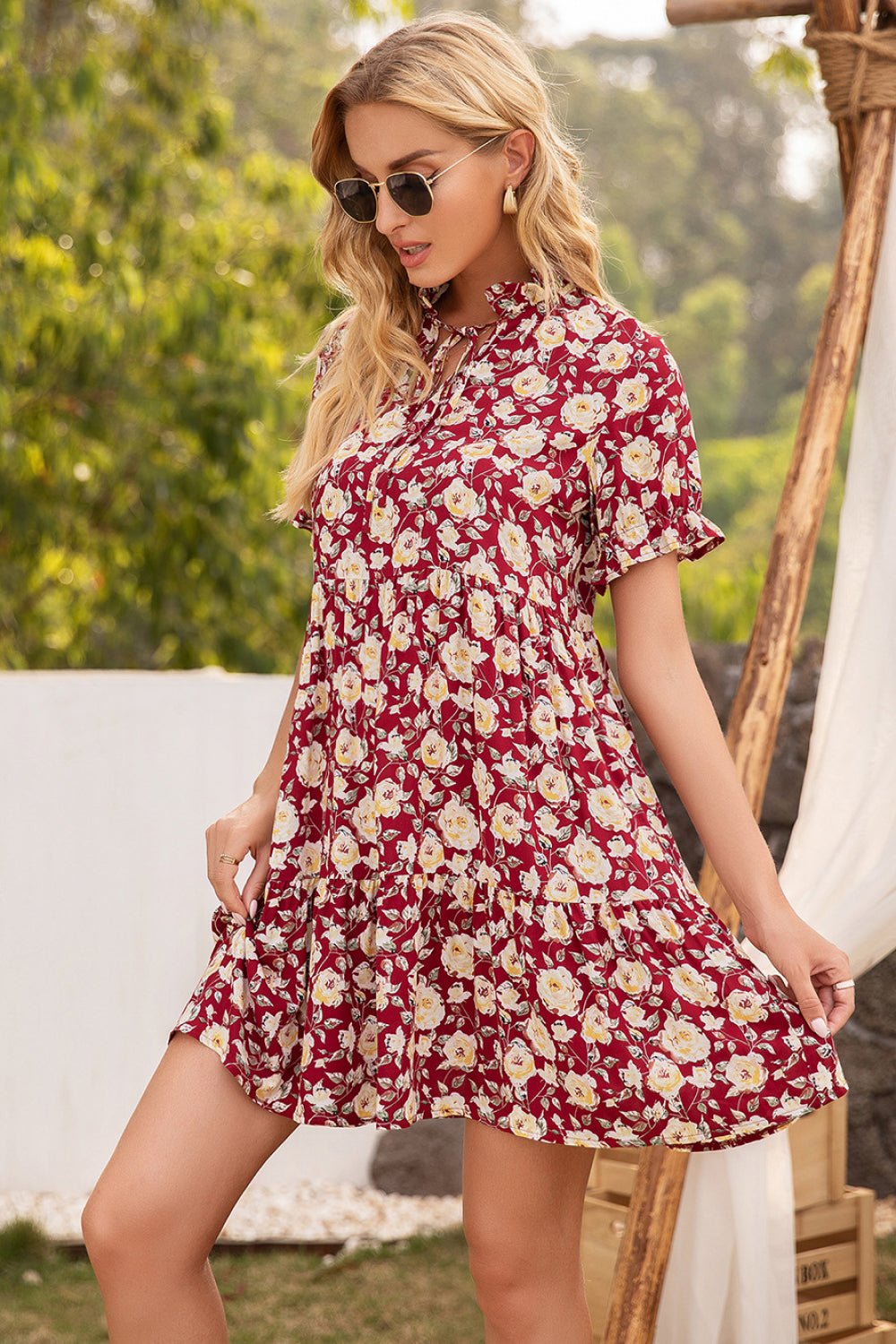 Floral Ruffle Trim Tie - Neck Dress - Dress - Wine - Bella Bourget