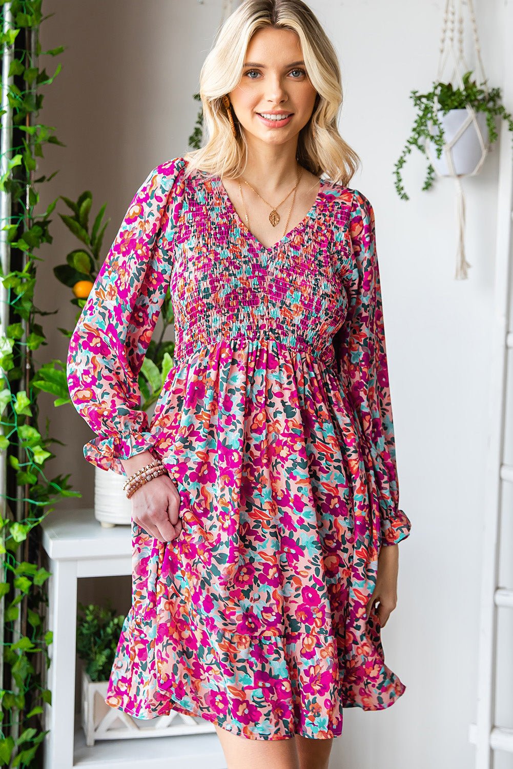 Floral Smocked V - Neck Flounce Sleeve Dress - Dress - Floral - Bella Bourget