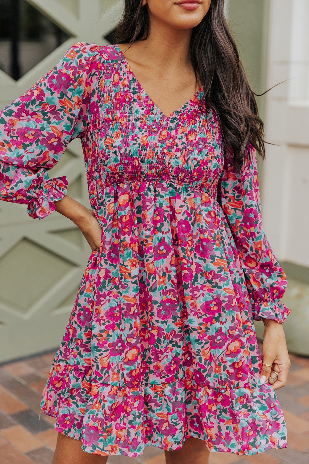 Floral Smocked V - Neck Flounce Sleeve Dress - Dress - Floral - Bella Bourget