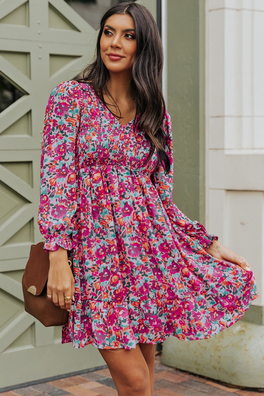 Floral Smocked V - Neck Flounce Sleeve Dress - Dress - Floral - Bella Bourget