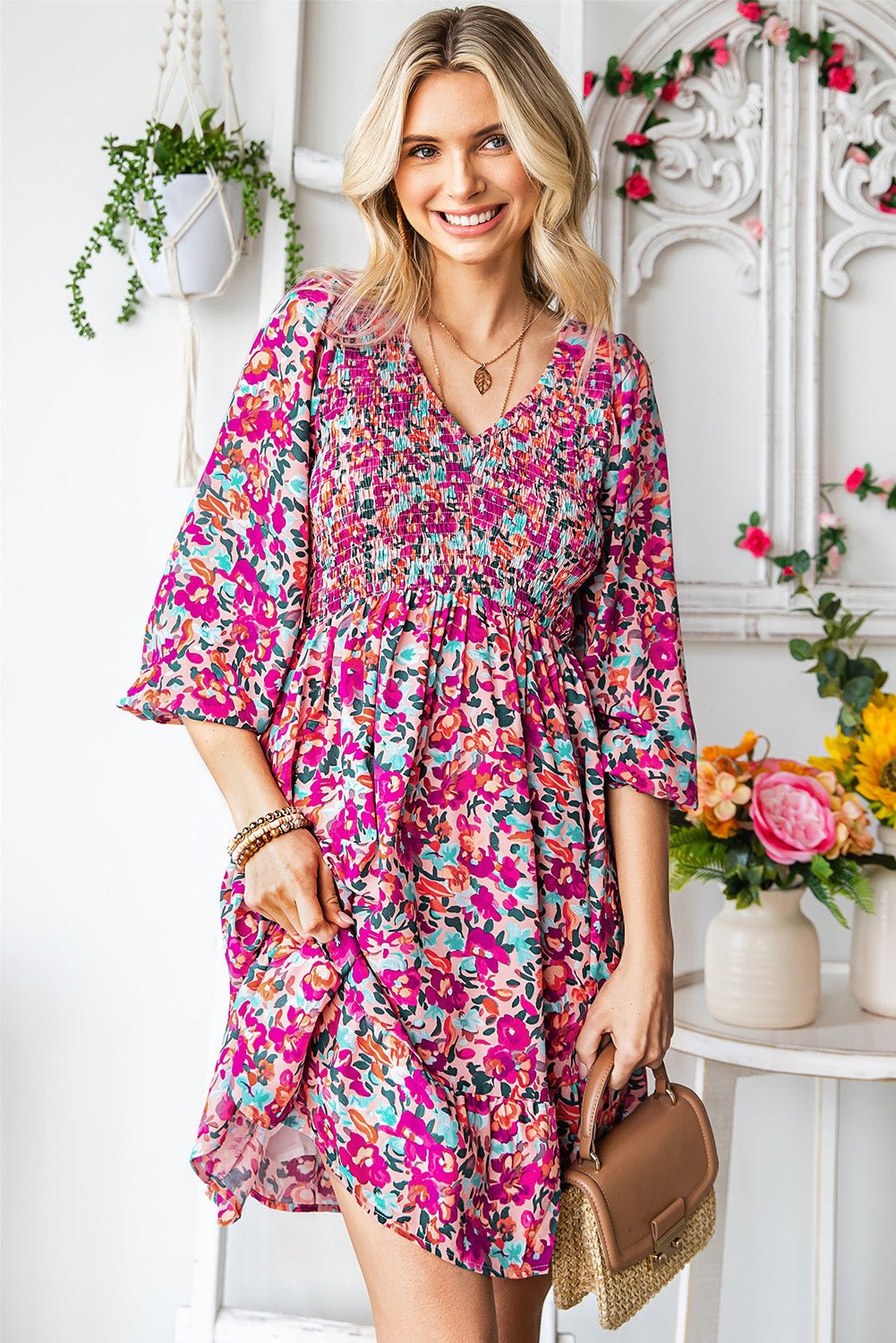 Floral Smocked V - Neck Flounce Sleeve Dress - Dress - Floral - Bella Bourget