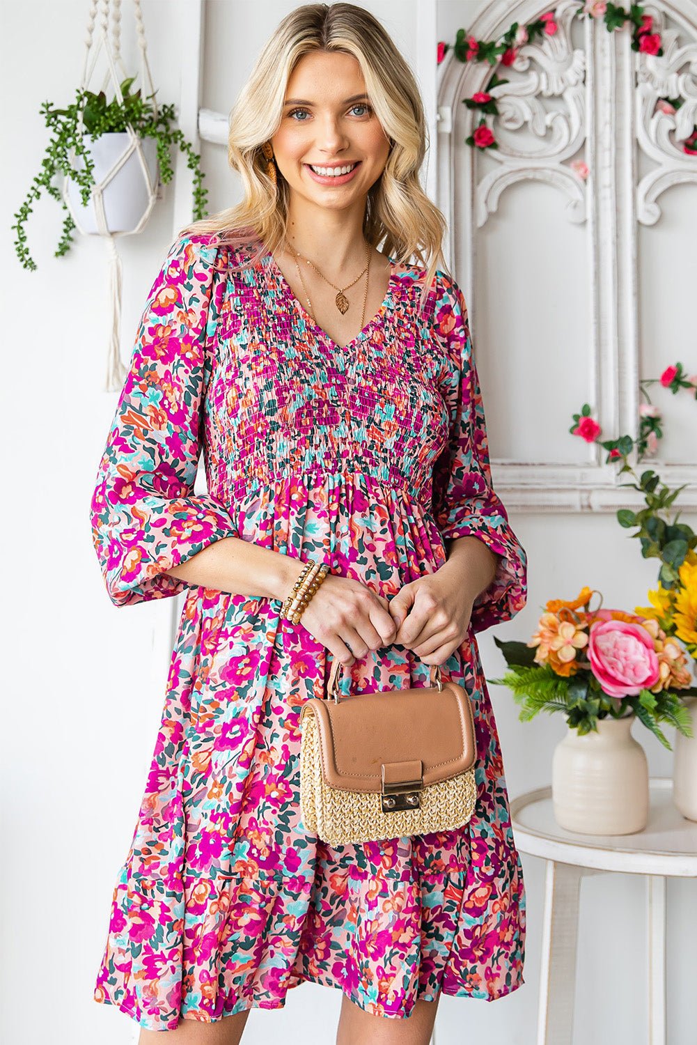 Floral Smocked V - Neck Flounce Sleeve Dress - Dress - Floral - Bella Bourget