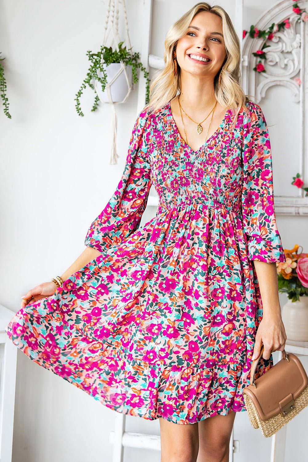 Floral Smocked V - Neck Flounce Sleeve Dress - Dress - Floral - Bella Bourget