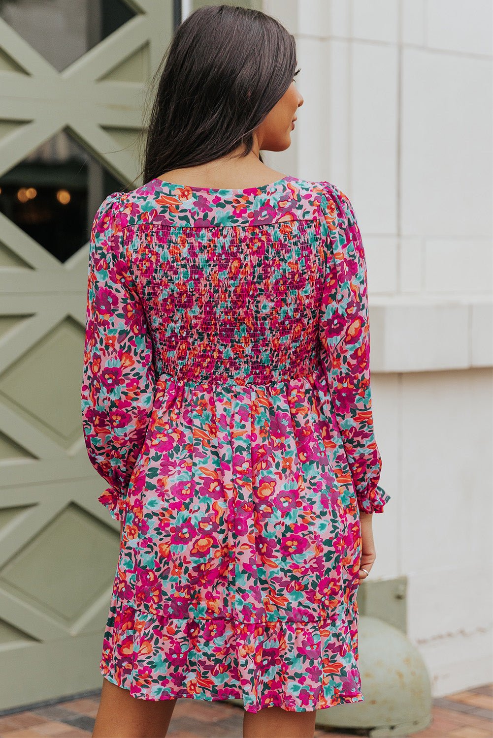 Floral Smocked V - Neck Flounce Sleeve Dress - Dress - Floral - Bella Bourget