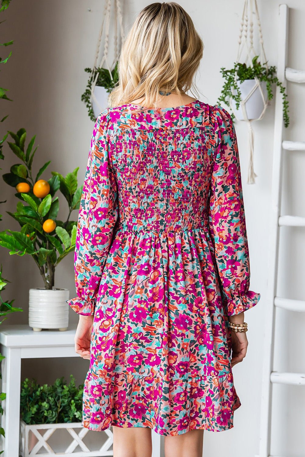 Floral Smocked V - Neck Flounce Sleeve Dress - Dress - Floral - Bella Bourget