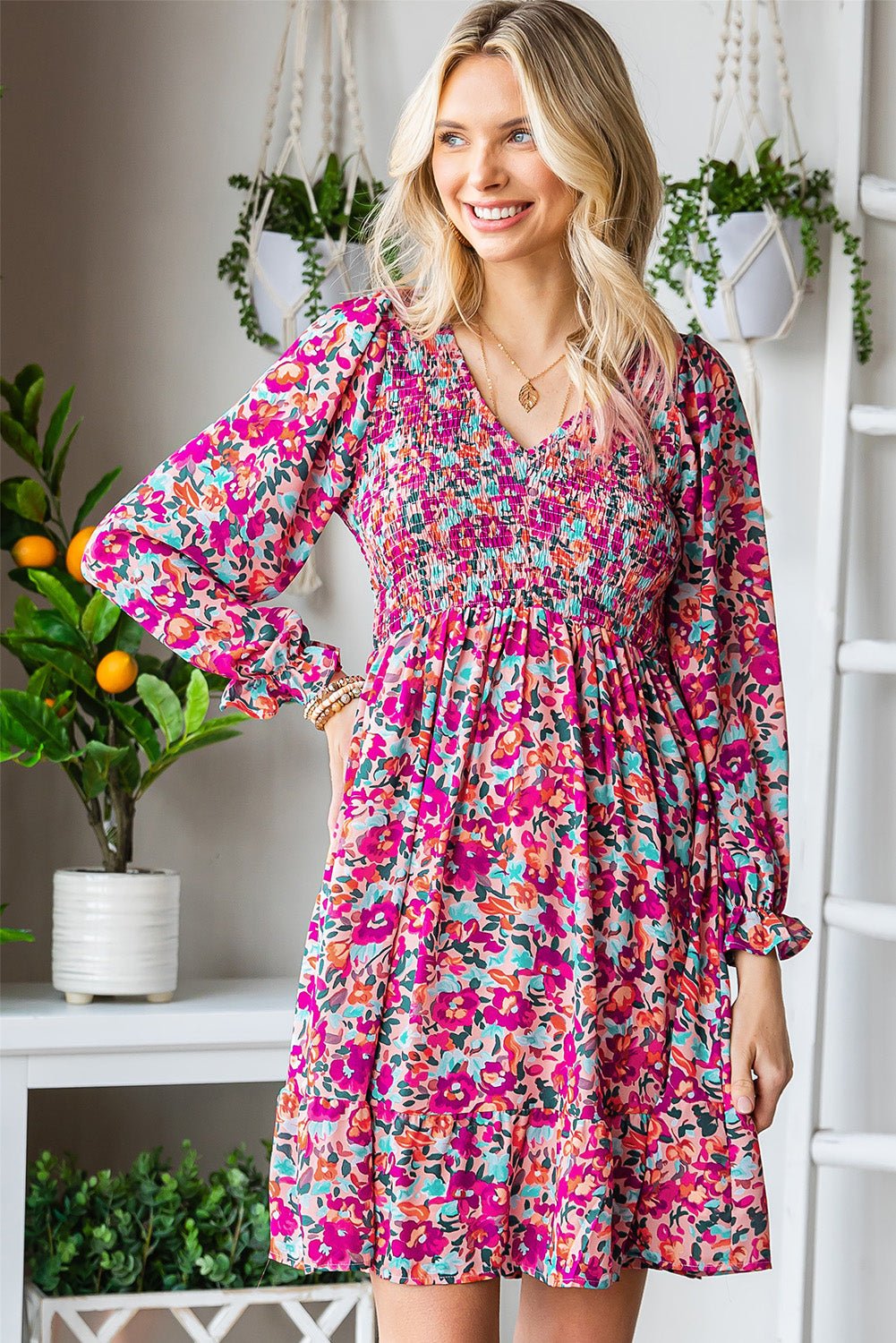 Floral Smocked V - Neck Flounce Sleeve Dress - Dress - Floral - Bella Bourget