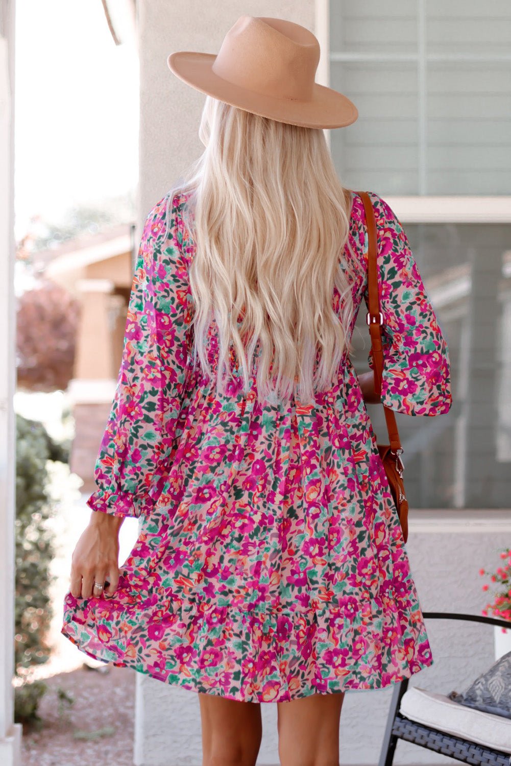 Floral Smocked V - Neck Flounce Sleeve Dress - Dress - Floral - Bella Bourget