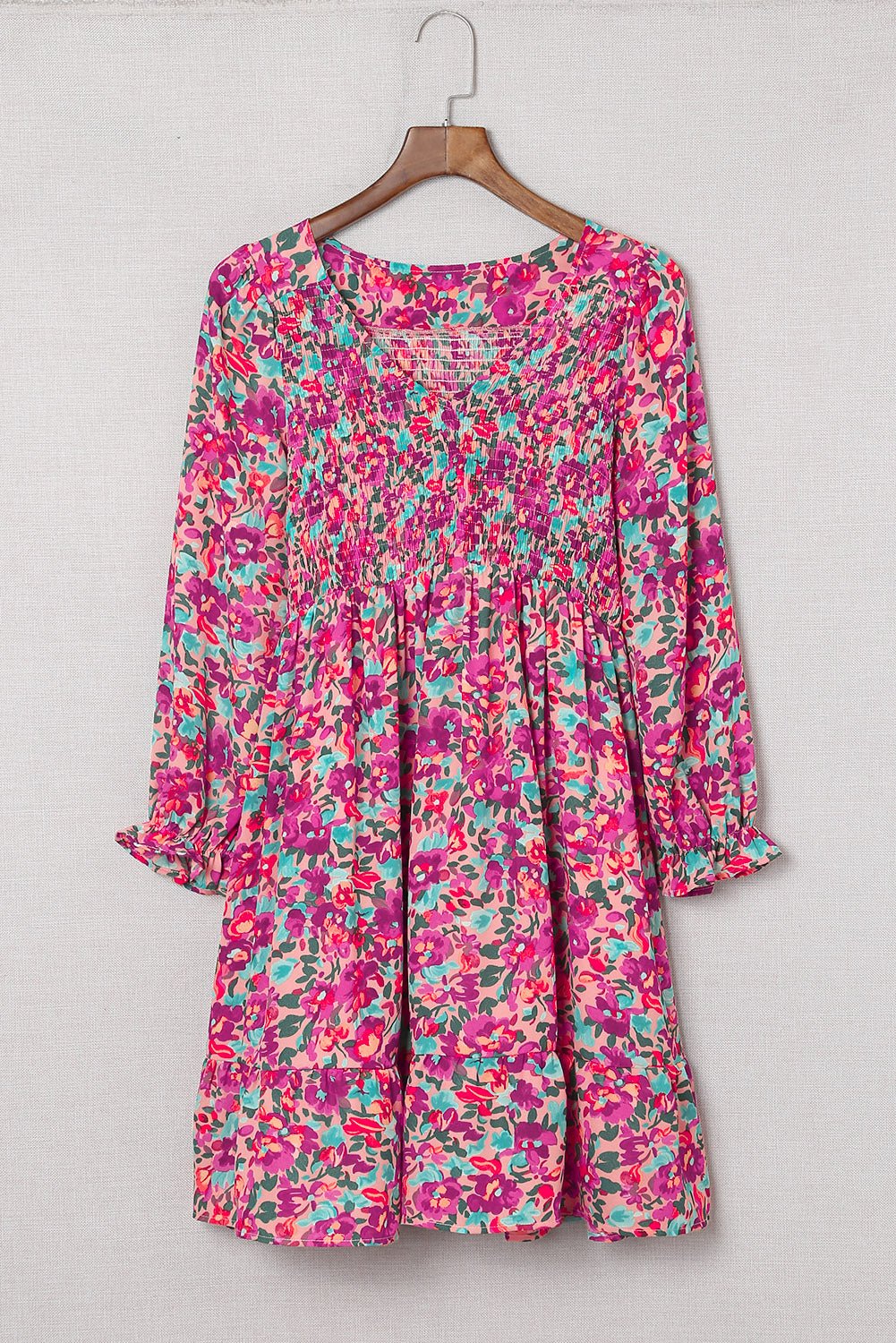 Floral Smocked V - Neck Flounce Sleeve Dress - Dress - Floral - Bella Bourget